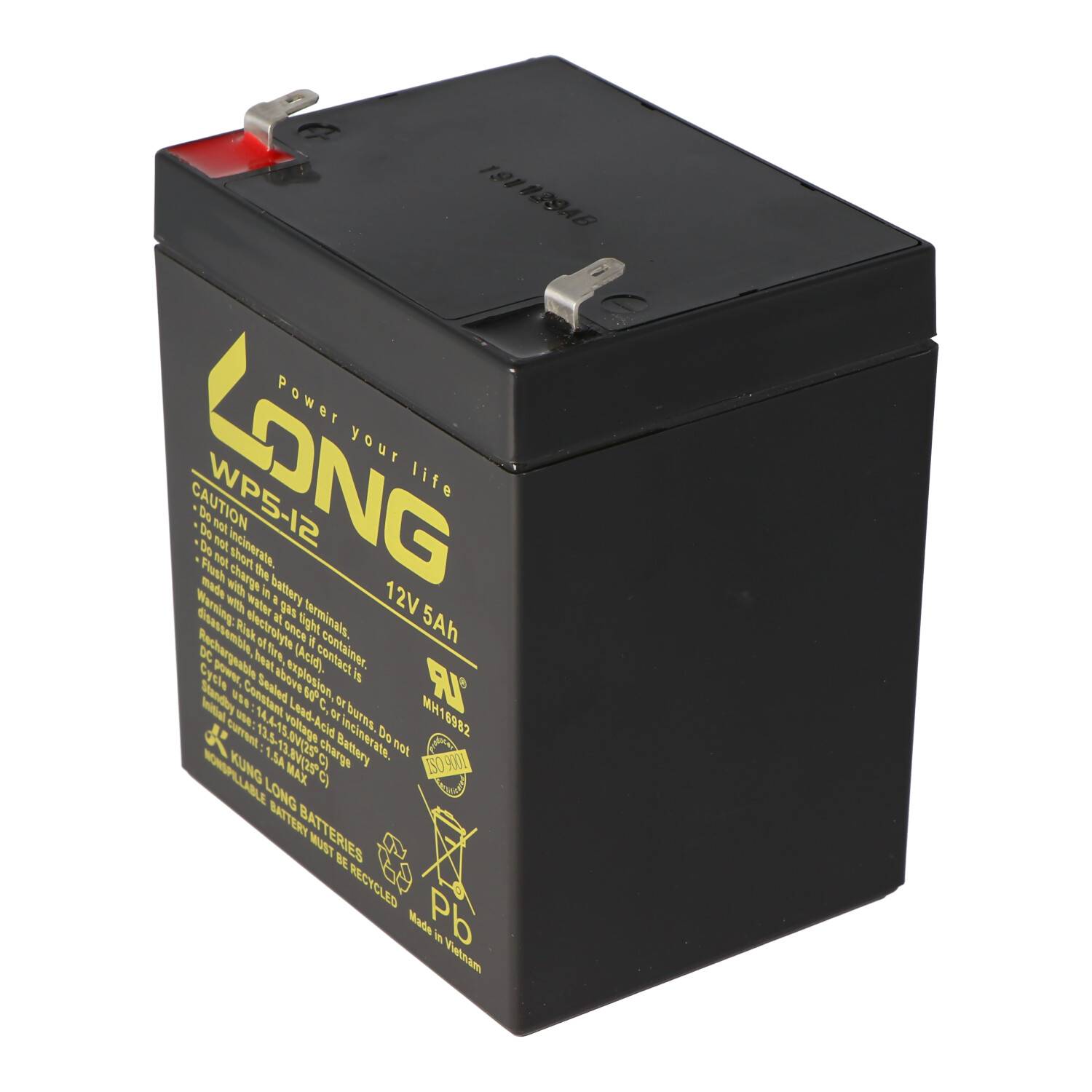 Schwarze 12V 5Ah versiegelte Blei-Säure-Batterie mit zwei Metallklemmen und gelbem "LONG""-Etikett auf der Seite.