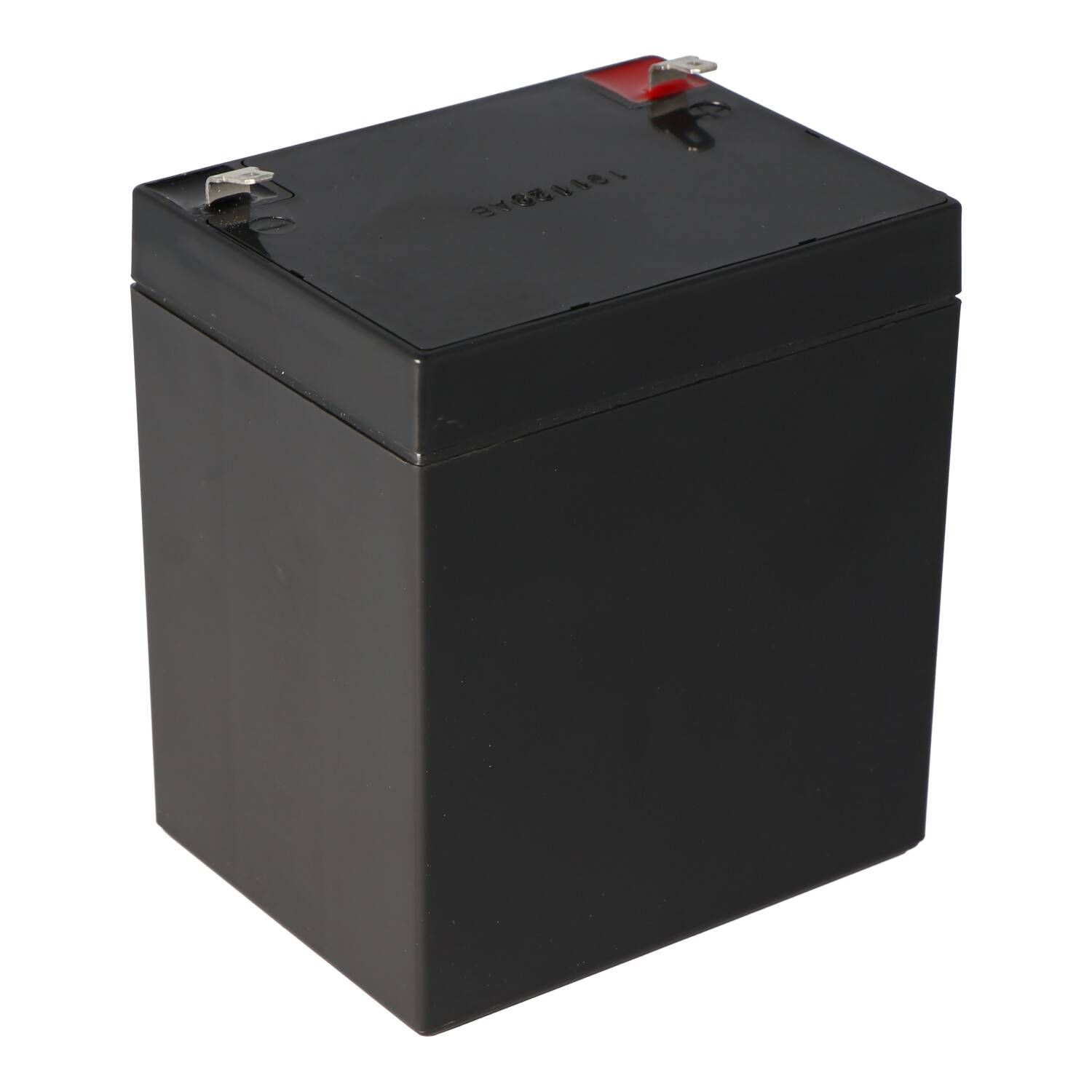 Schwarze rechteckige wiederaufladbare Batterie mit Metallanschlüssen oben, freigestellt auf weißem Hintergrund.