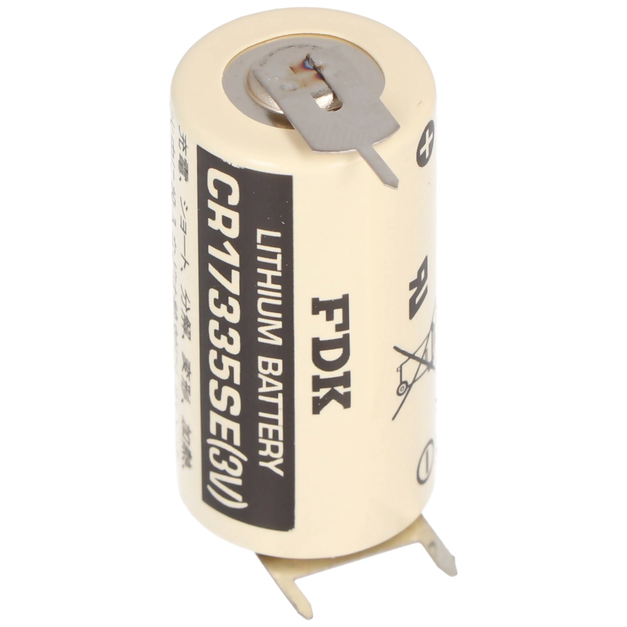 CR17335SE Lithium Batterie mit 3er Print Anschlüssen, 1er Print auf +Pol, 2er Print auf -Pol, Rastermaß 10mm