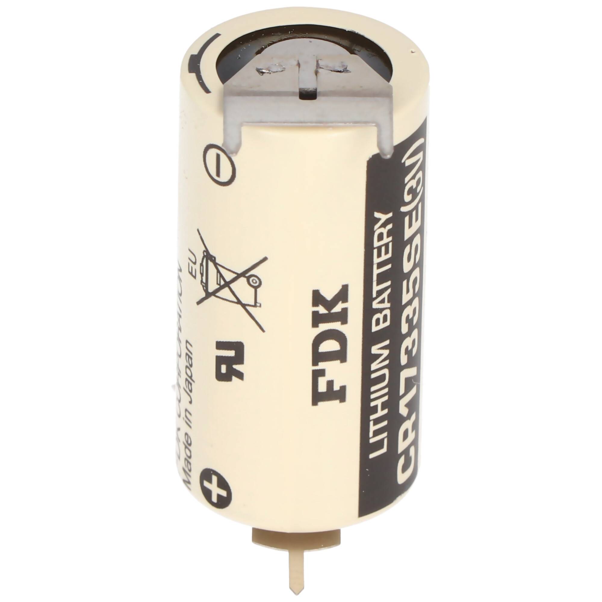 CR17335SE Lithium Batterie mit 3er Print Anschlüssen, 1er Print auf +Pol, 2er Print auf -Pol, Rastermaß 10mm