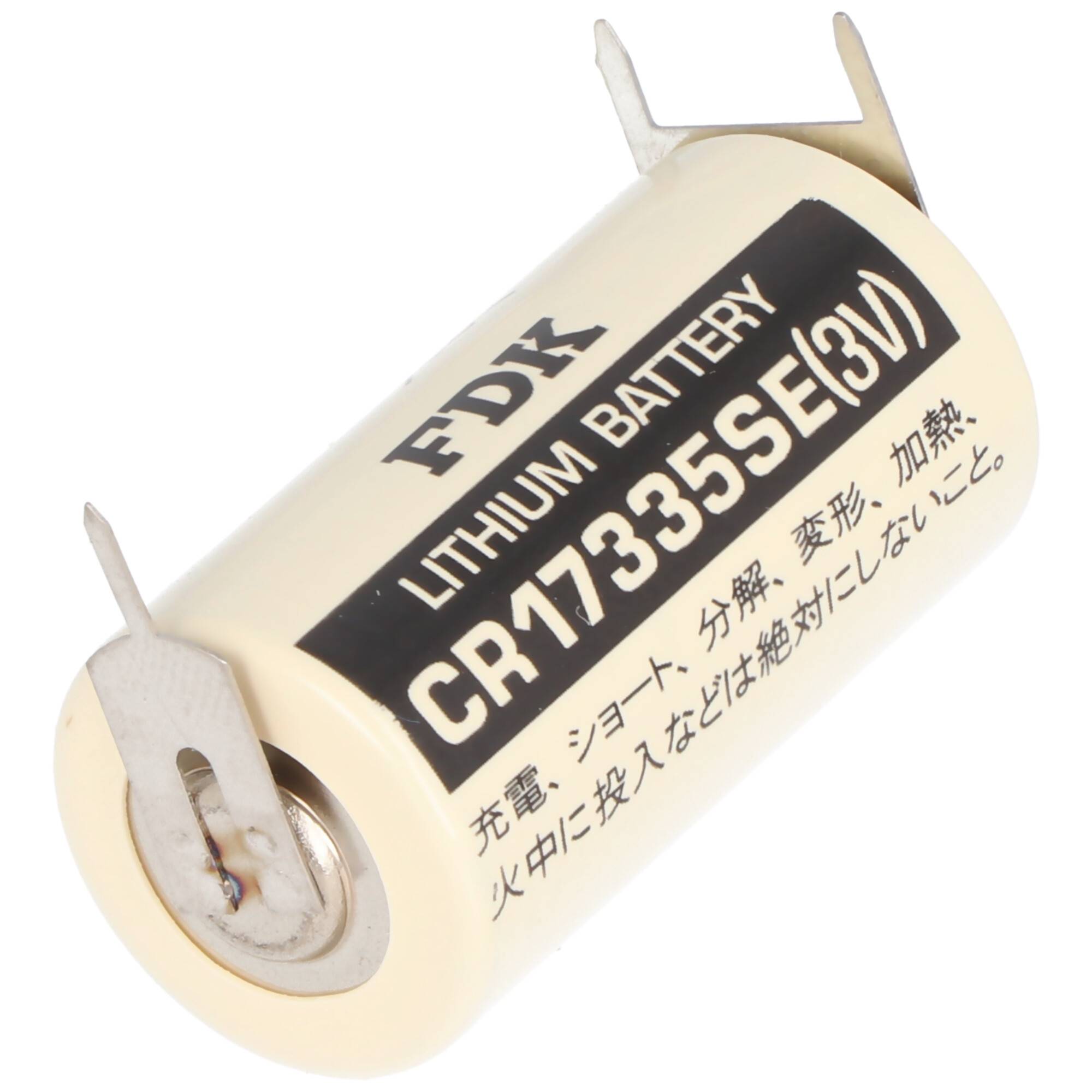 CR17335SE Lithium Batterie mit 3er Print Anschlüssen, 1er Print auf +Pol, 2er Print auf -Pol, Rastermaß 10mm