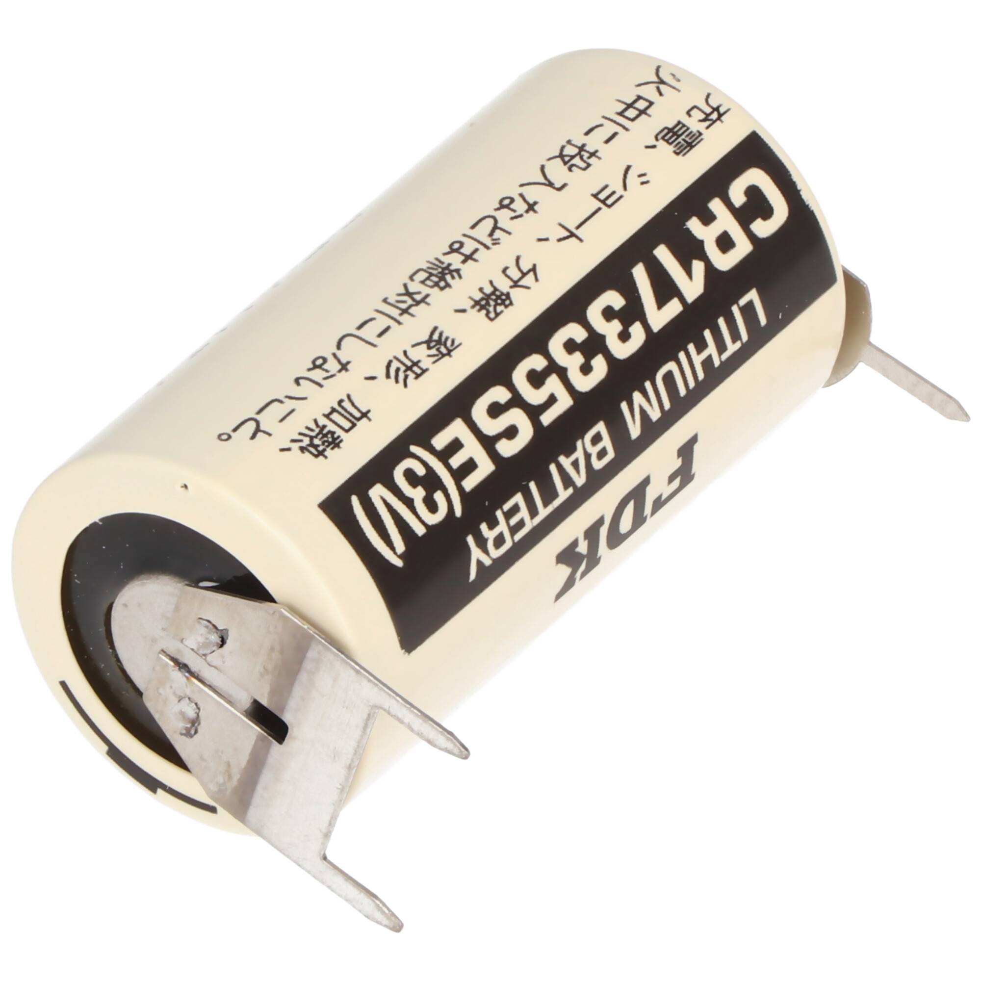 CR17335SE Lithium Batterie mit 3er Print Anschlüssen, 1er Print auf +Pol, 2er Print auf -Pol, Rastermaß 10mm