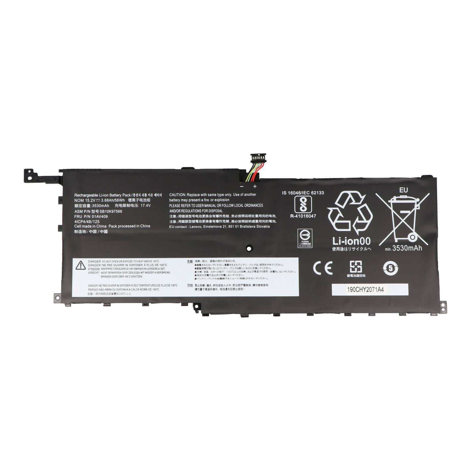 Schwarze Lithium-Ionen-Laptop-Batterie mit Beschriftung 3530mAh mit Warn- und Recycling-Symbolen auf weißem Hintergrund.