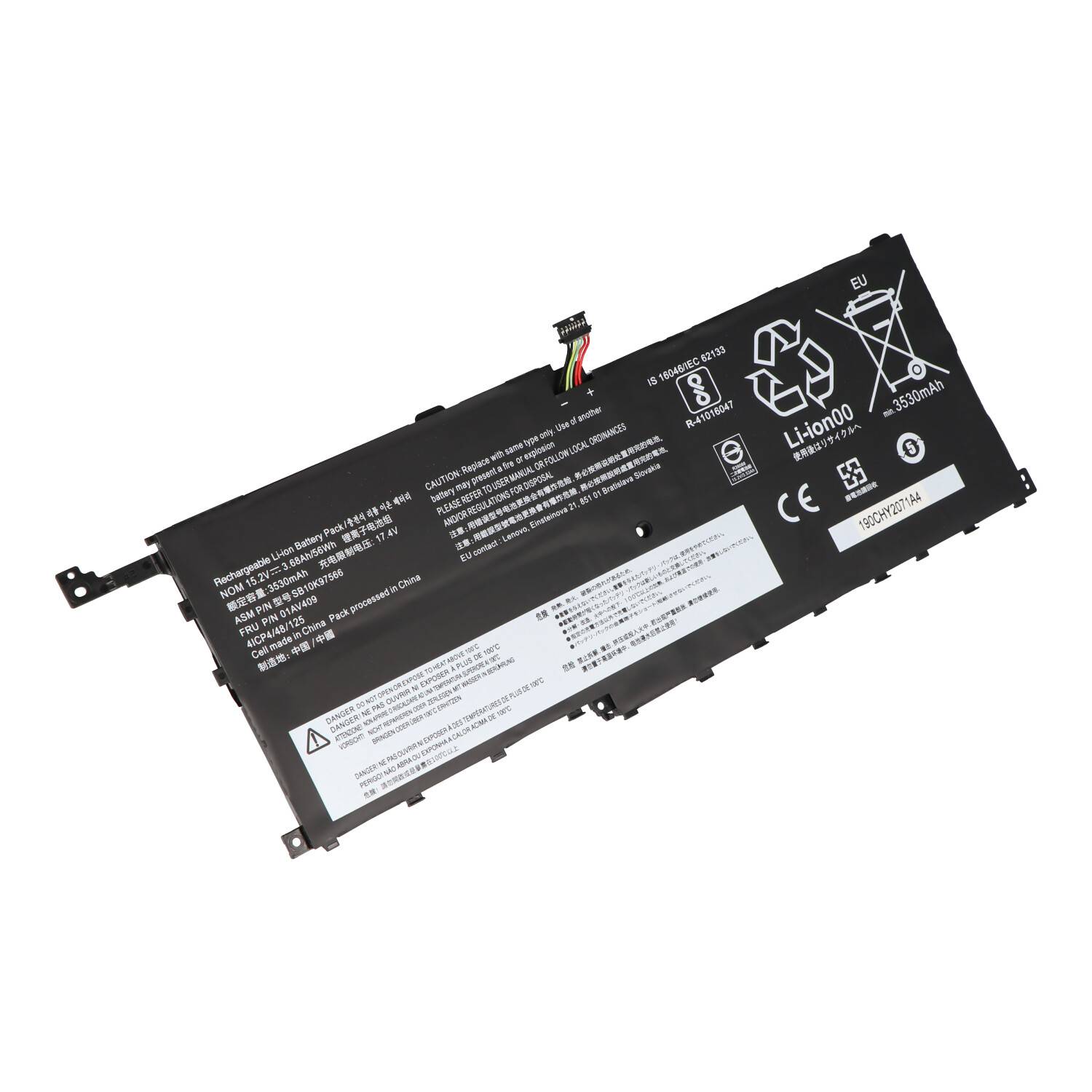 Schwarze Laptop-Batterie mit Anschlusskabel und gedruckten Sicherheitsetiketten, dargestellt auf weißem Hintergrund.
