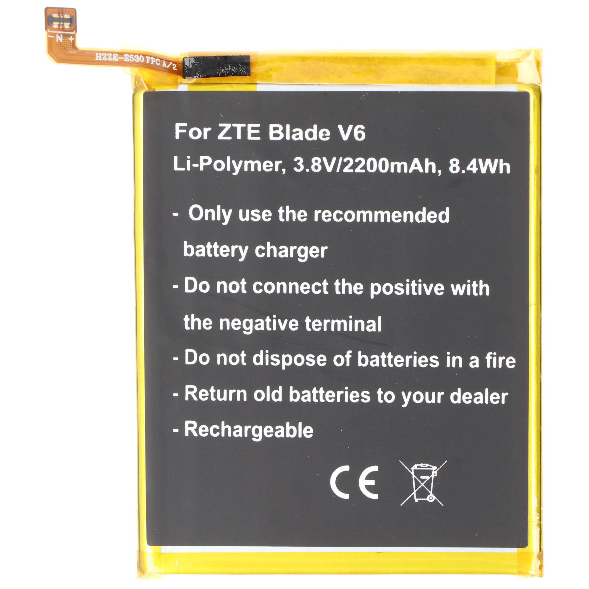 Akku passend für ZTE Blade V6, Li-Polymer, 3,8V, 2200mAh, 8,4Wh, built-in, ohne Werkzeug