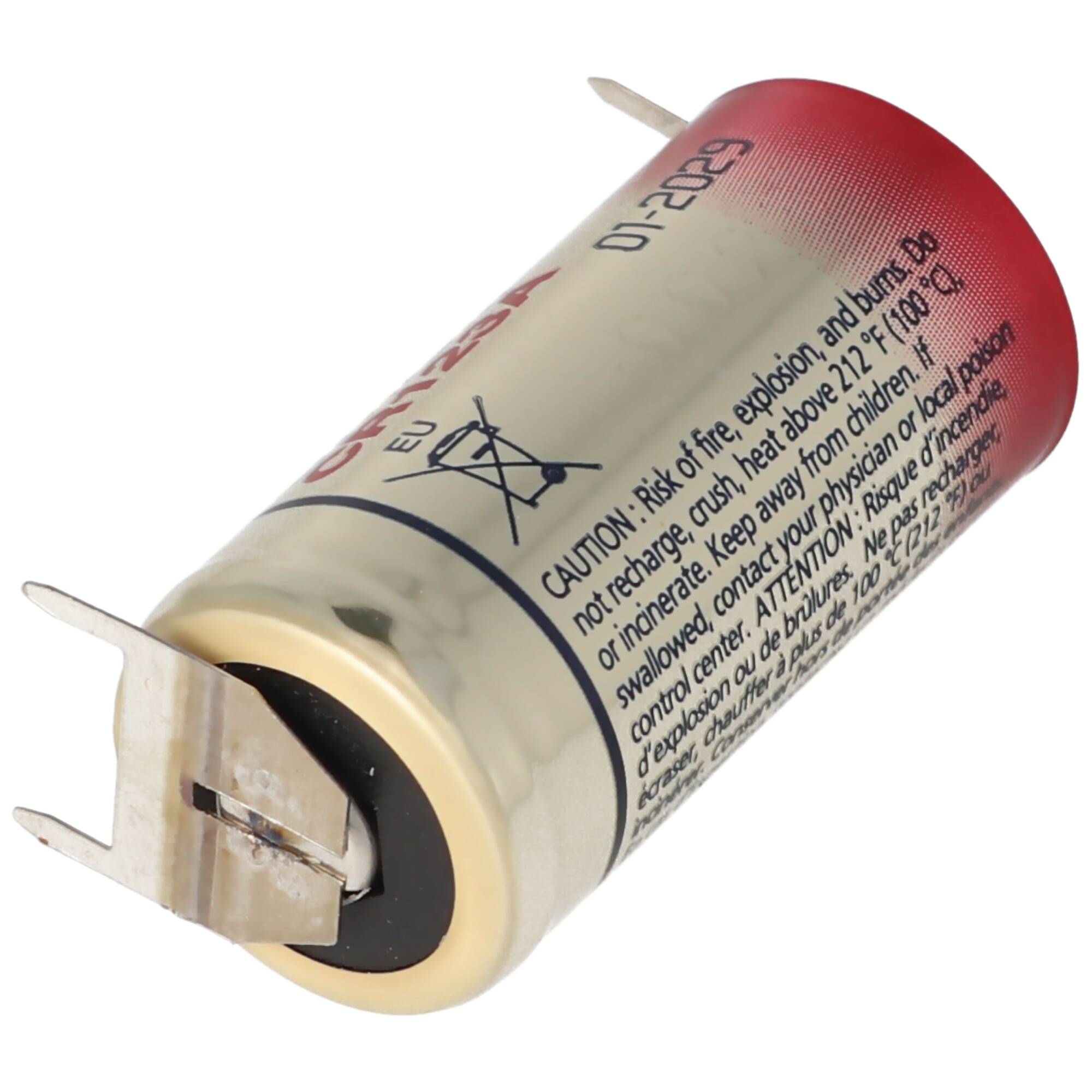 CR123A Batterie mit 3er Printanschluss 2er Print + 1er Print - Kontakten, Spannung 3 Volt Rastermaß 10mm
