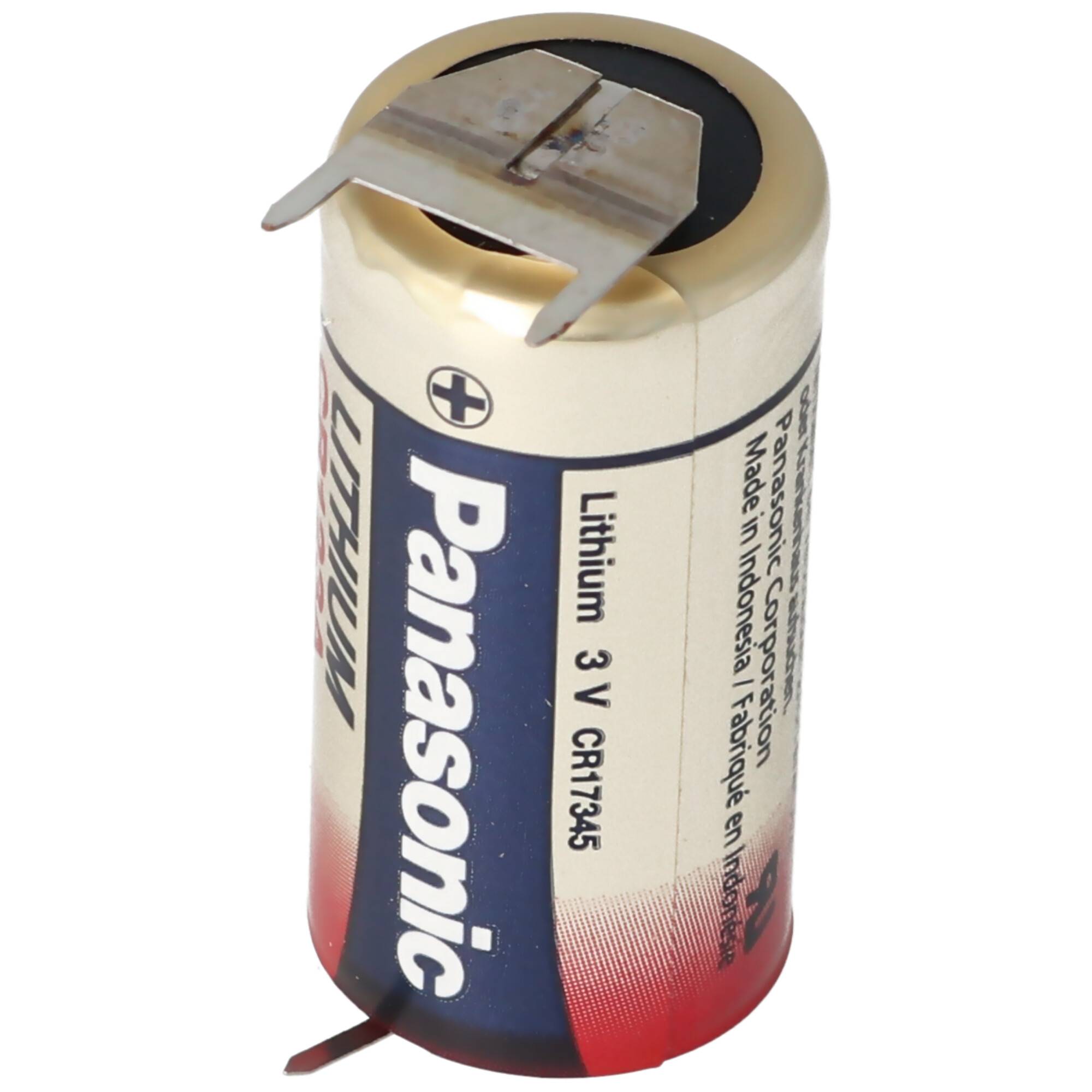CR123A Batterie mit 3er Printanschluss 2er Print + 1er Print - Kontakten, Spannung 3 Volt Rastermaß 10mm