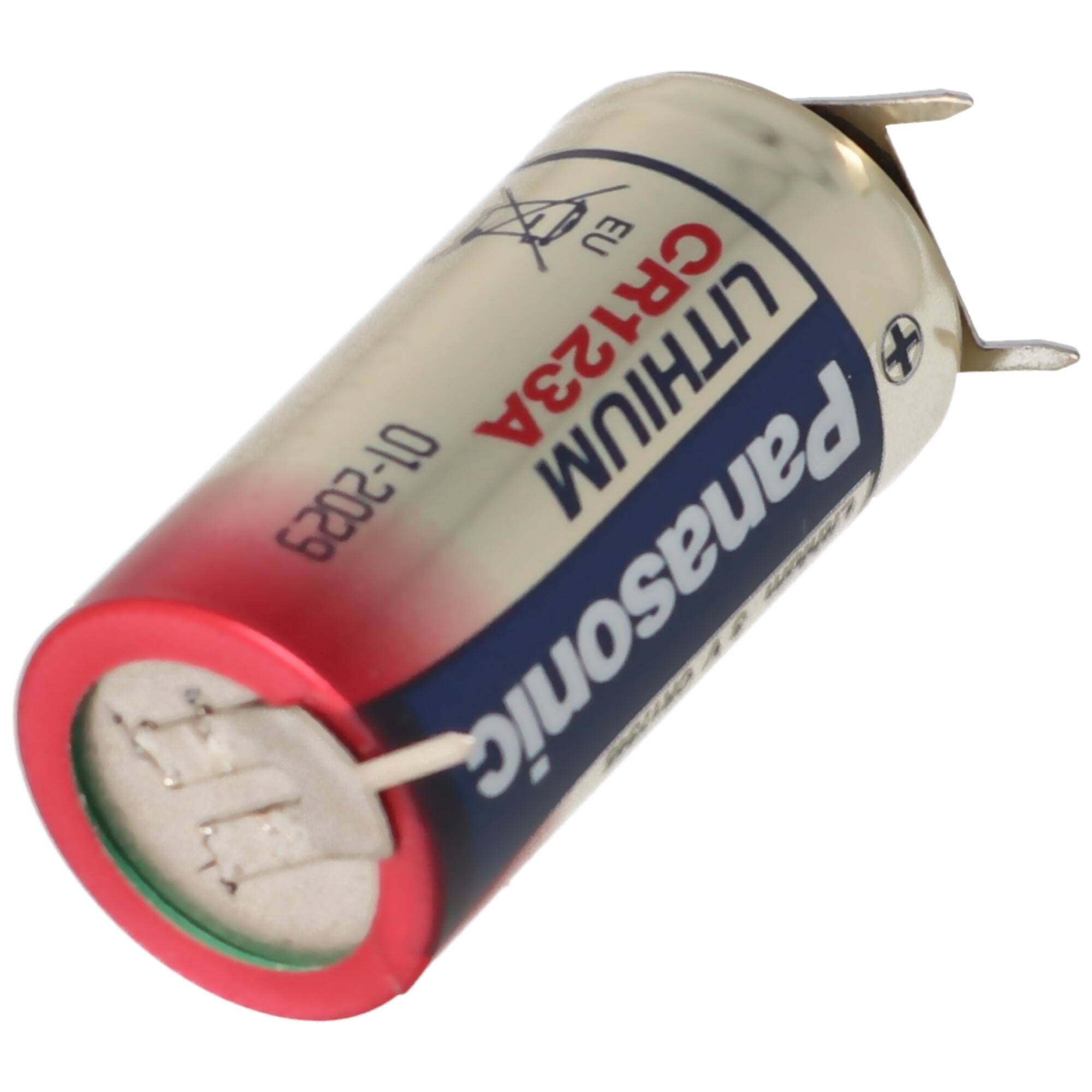 CR123A Batterie mit 3er Printanschluss 2er Print + 1er Print - Kontakten, Spannung 3 Volt Rastermaß 10mm
