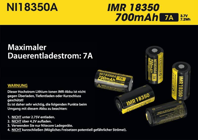 Nitecore 18350 Li-Ion IMR Akku Abmessungen ca. 35x18mm mit Kopf ungeschützt