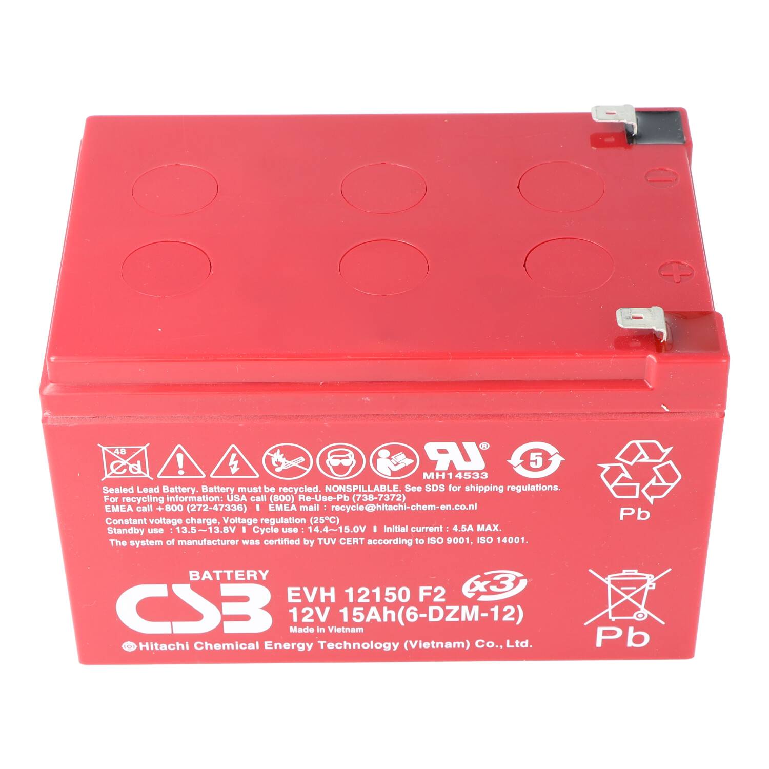 Rote CSB versiegelte Blei-Säure-Batterie, 12V 15Ah, auf weißem Hintergrund dargestellt.