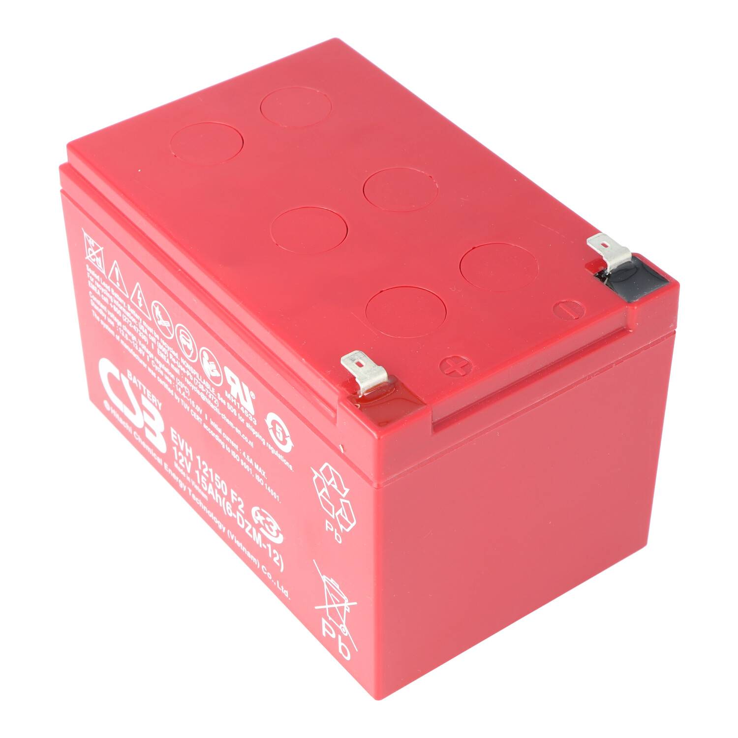 Rote versiegelte Blei-Säure-Batterie mit zwei Metallklemmen auf weißem Hintergrund.