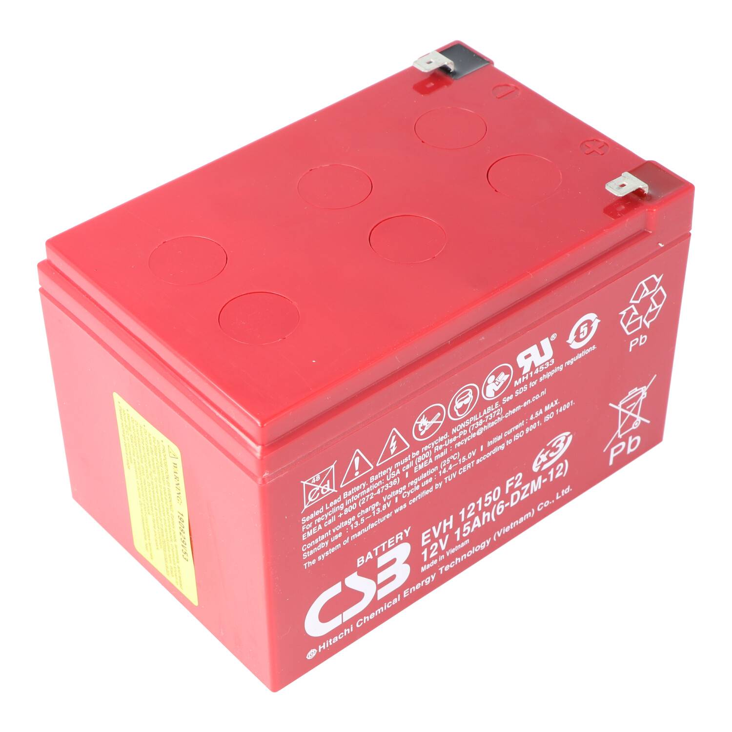 Rote rechteckige versiegelte Blei-Säure-Batterie mit Metallklemmen und gedruckten Sicherheitsetiketten auf weißem Hintergrund.