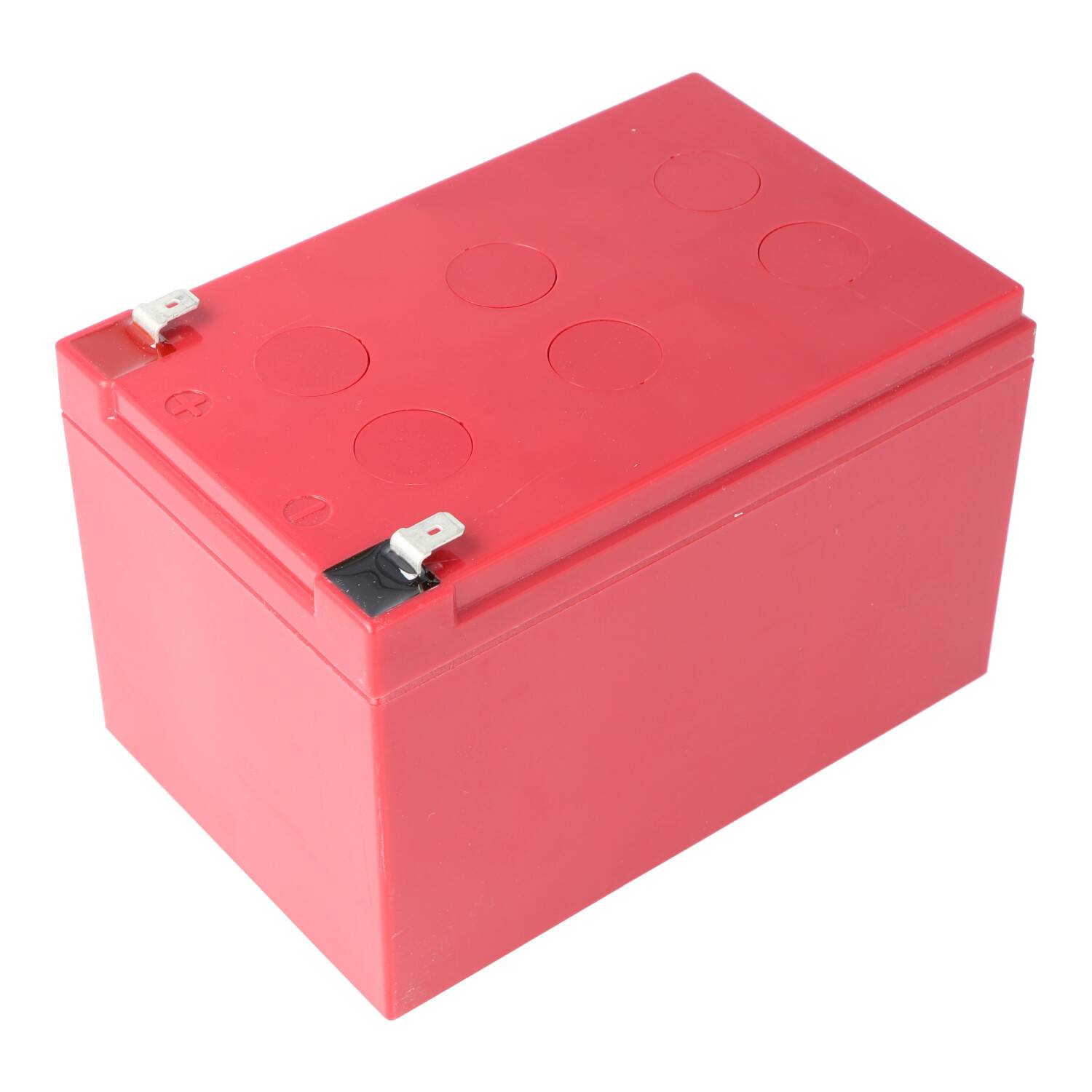 Rote rechteckige Batterie mit oberen Anschlüssen und schwarzen Anschlussclips auf weißem Hintergrund.