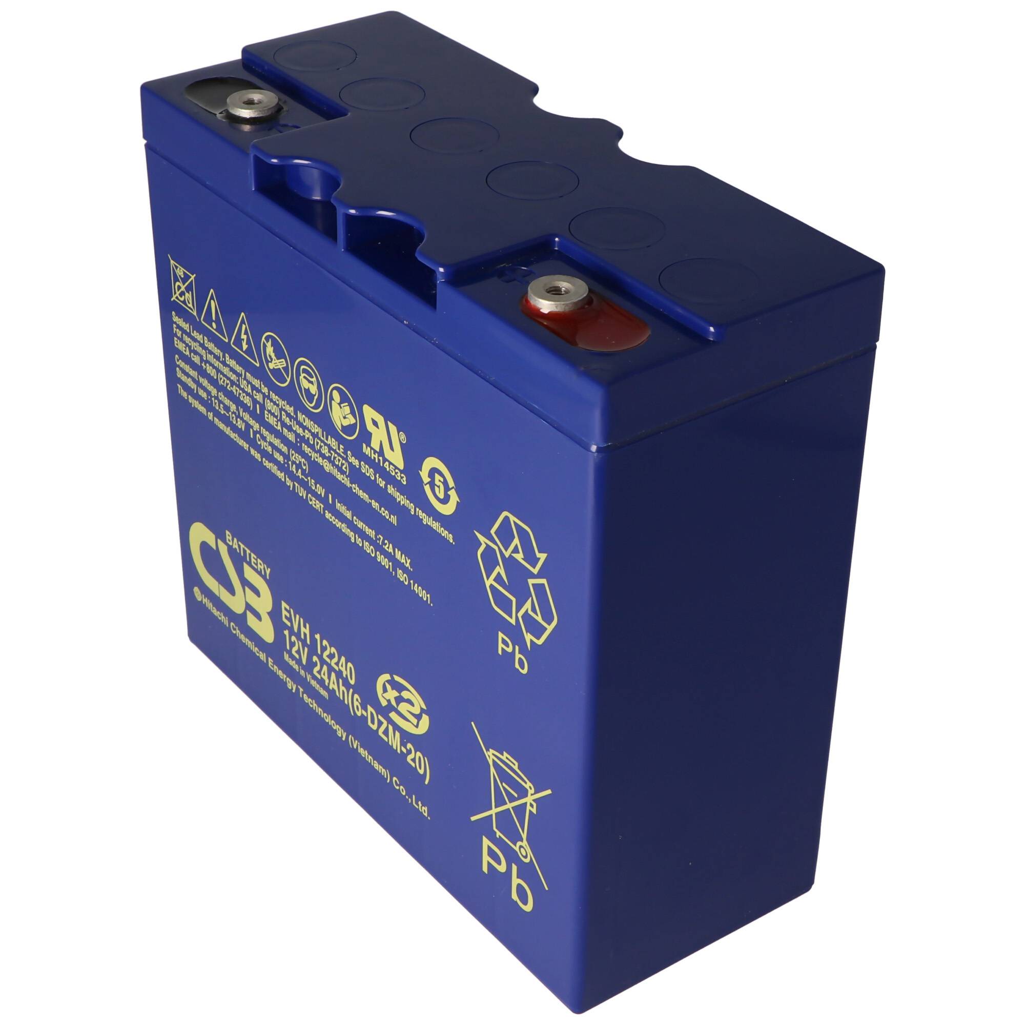 Blaue rechteckige wiederaufladbare Batterie mit Anschlüssen oben und gelben Sicherheitskennzeichnungen auf weißem Hintergrund.