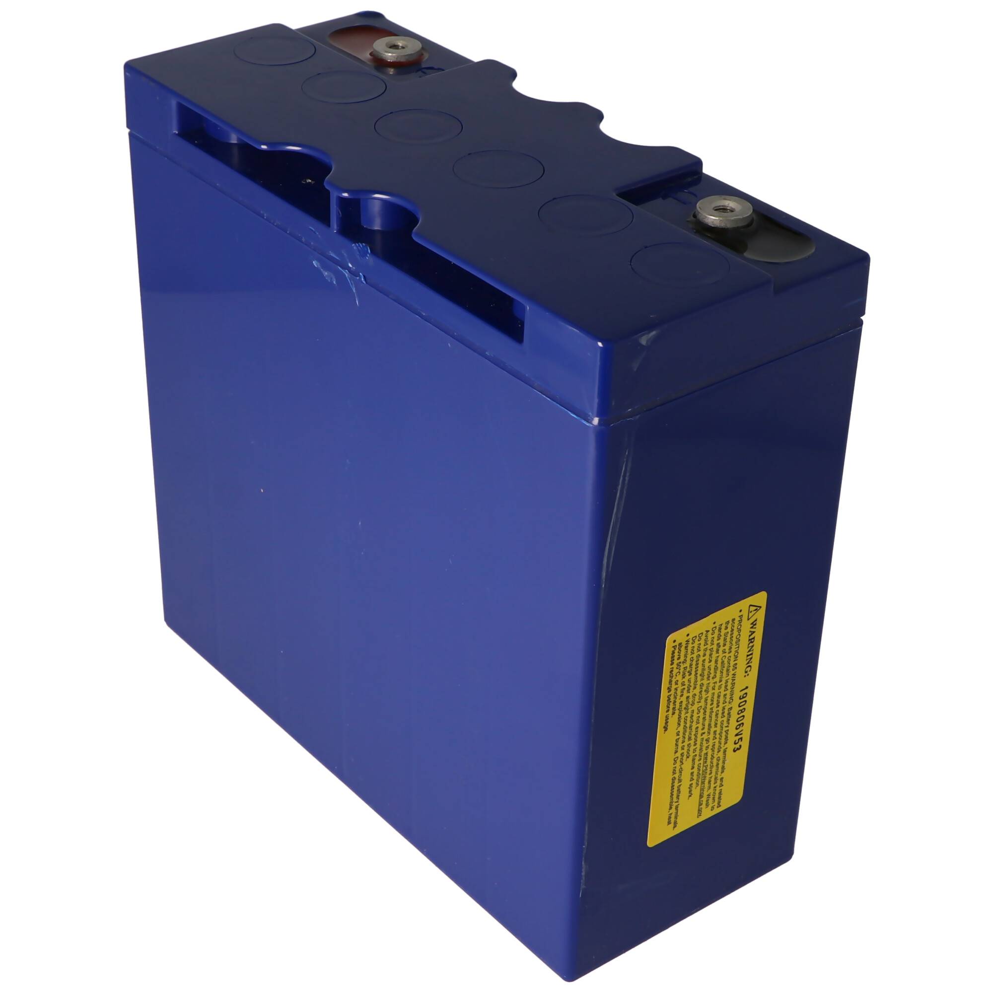 Blaue rechteckige Batterie mit Anschlüssen oben und einem gelben Warnschild auf der Seite.