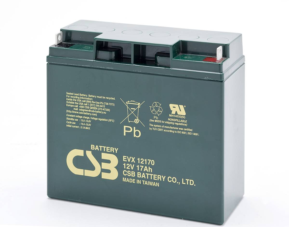 Grüne CSB 12V 17Ah versiegelte Blei-Säure-Batterie mit Anschlüssen oben und gedruckten Produktetiketten auf der Vorderseite.