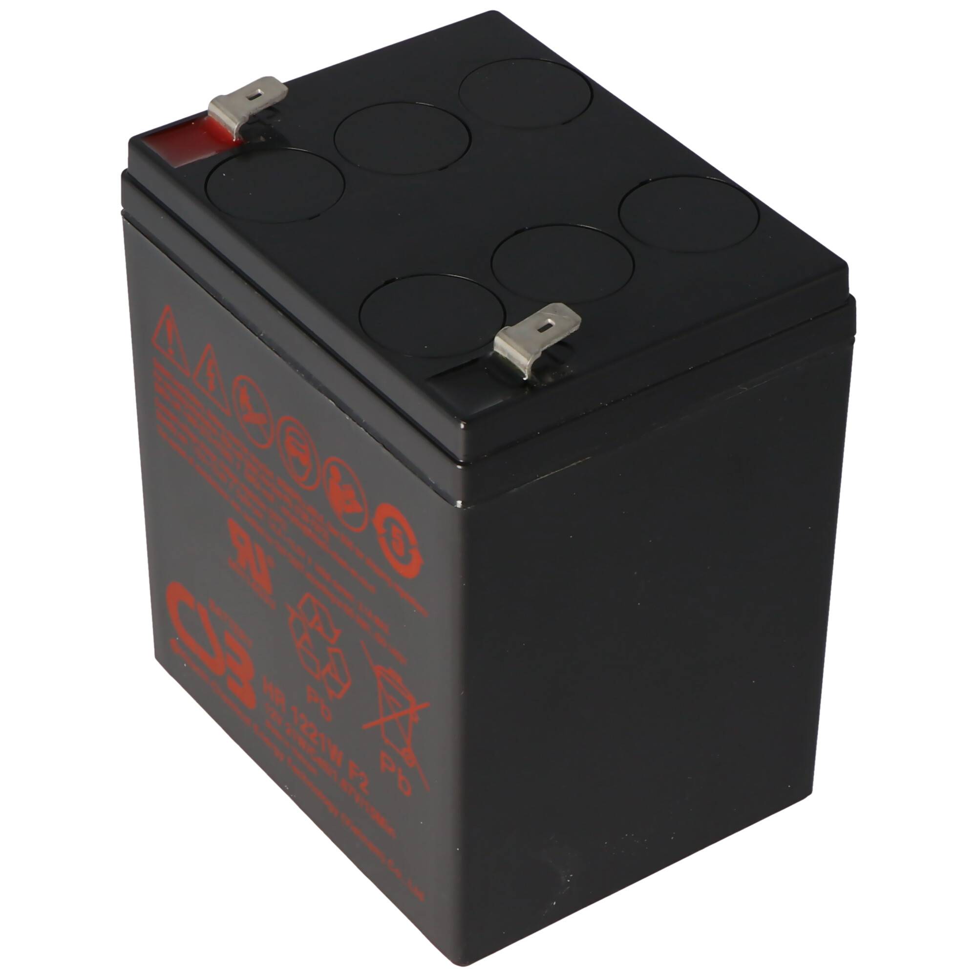 Schwarze wiederaufladbare Batterie mit zwei Metallanschlüssen und roten Warnetiketten an der Seite.