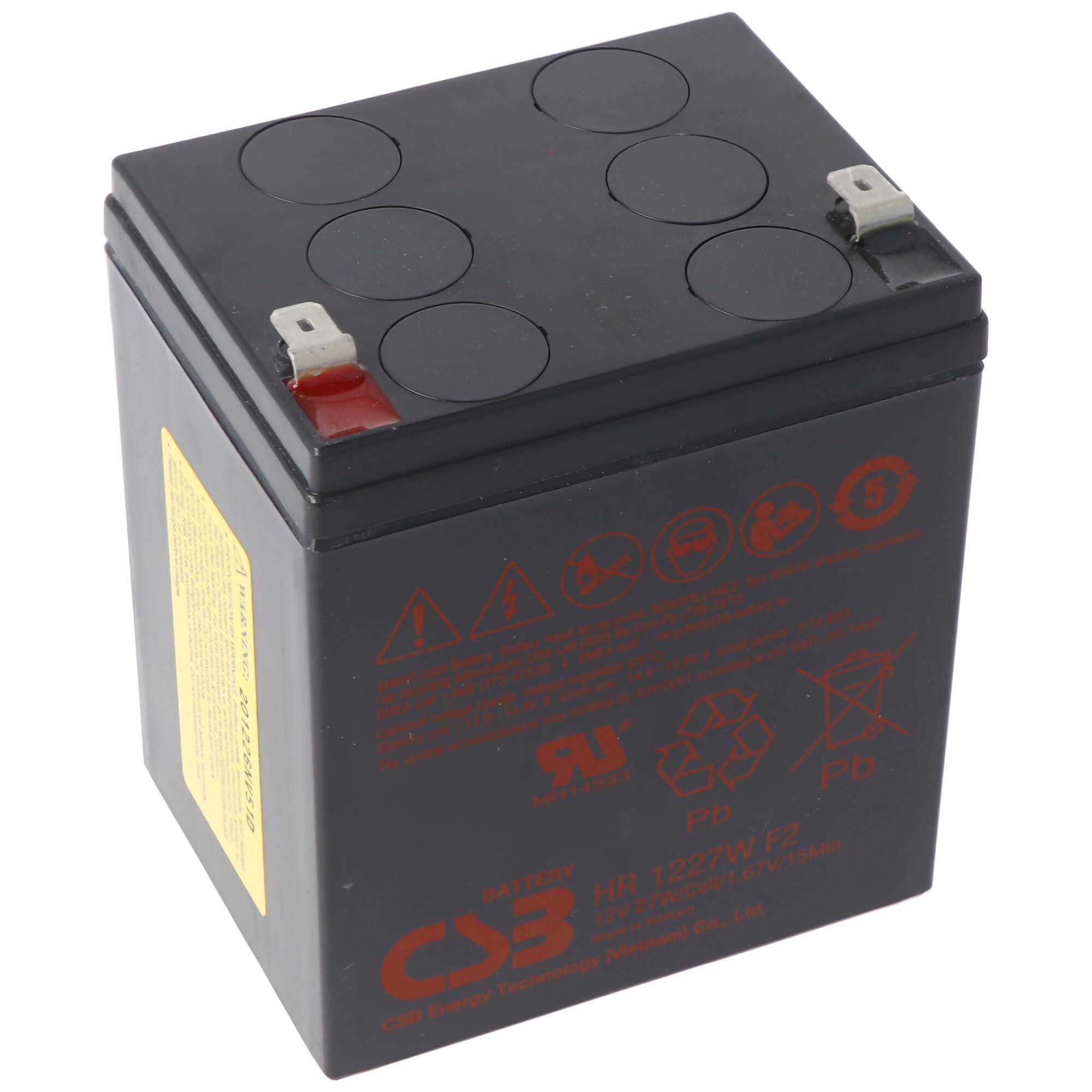 Schwarze versiegelte wiederaufladbare Batterie mit zwei Anschlussposten und aufgedruckten Sicherheitsetiketten an der Seite.