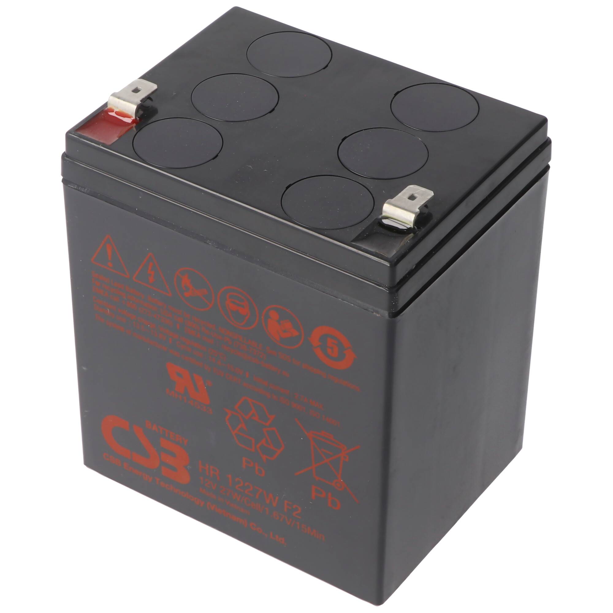 Schwarze wiederaufladbare Blei-Säure-Batterie mit roten Warnetiketten und Metallklemmen oben, vor weißem Hintergrund dargestellt.