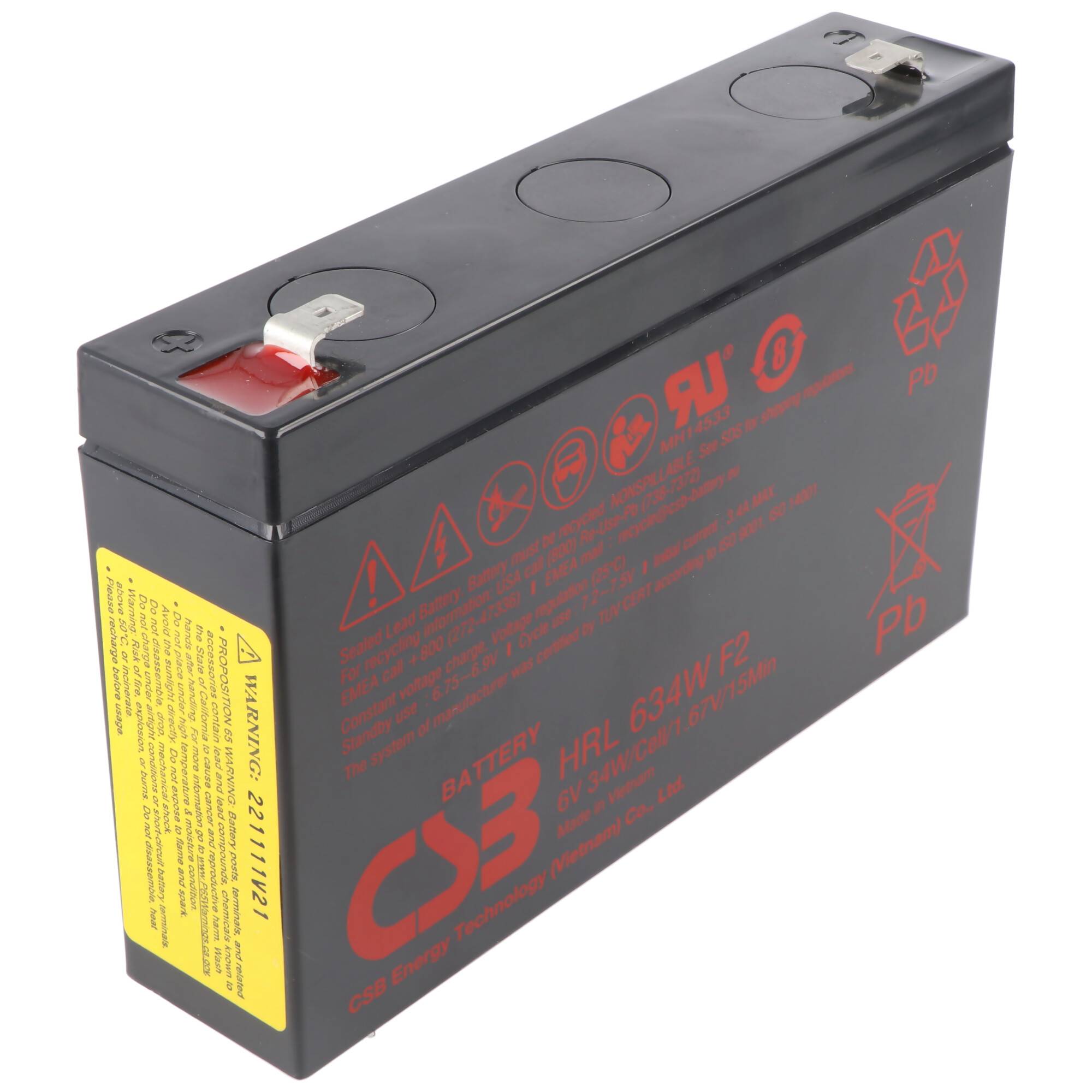 Schwarze versiegelte wiederaufladbare Batterie mit Metallklemmen und roten Warnetiketten auf weißem Hintergrund.