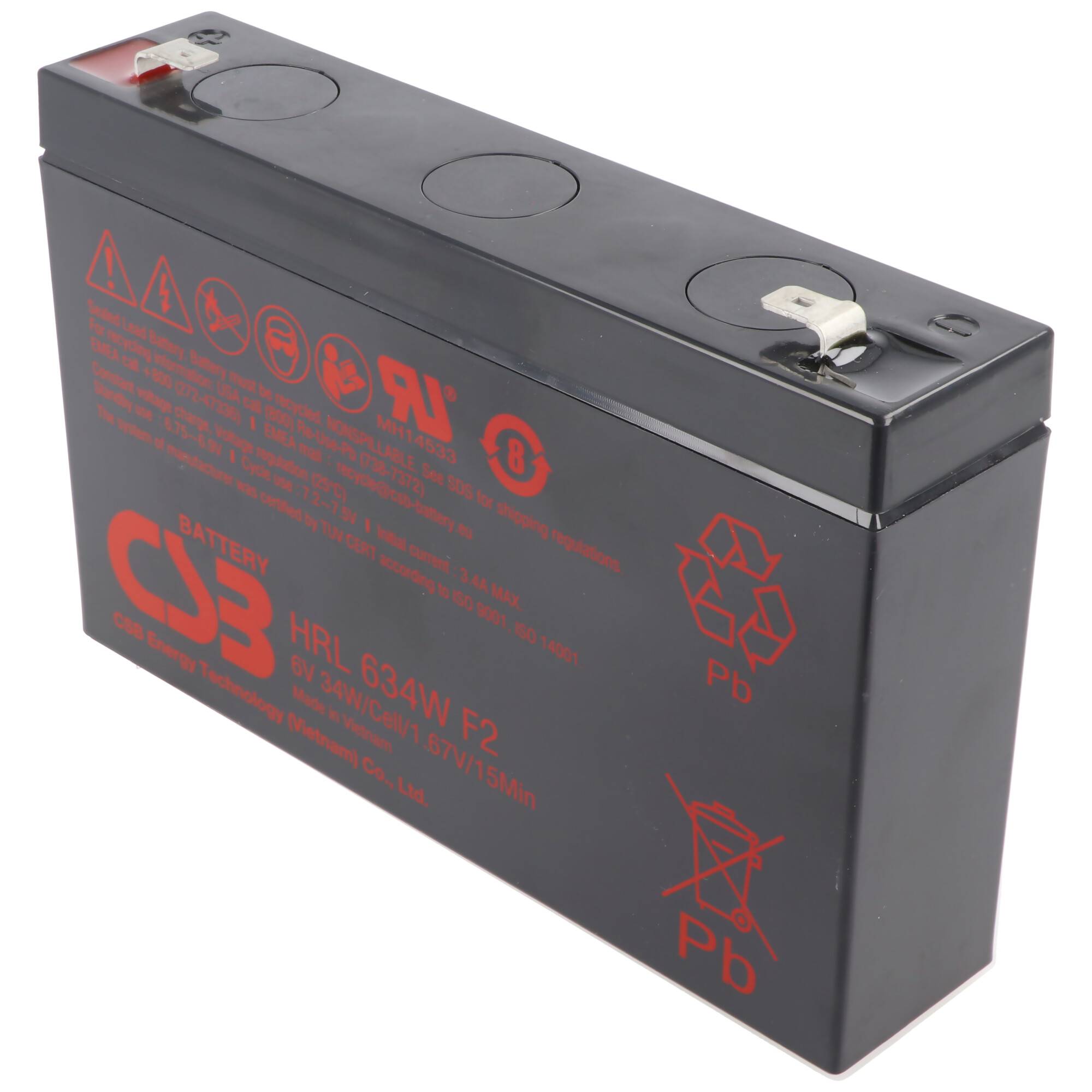 Schwarze rechteckige aufladbare Batterie mit rotem Etikett und oberen Anschlüssen, auf weißem Hintergrund dargestellt.