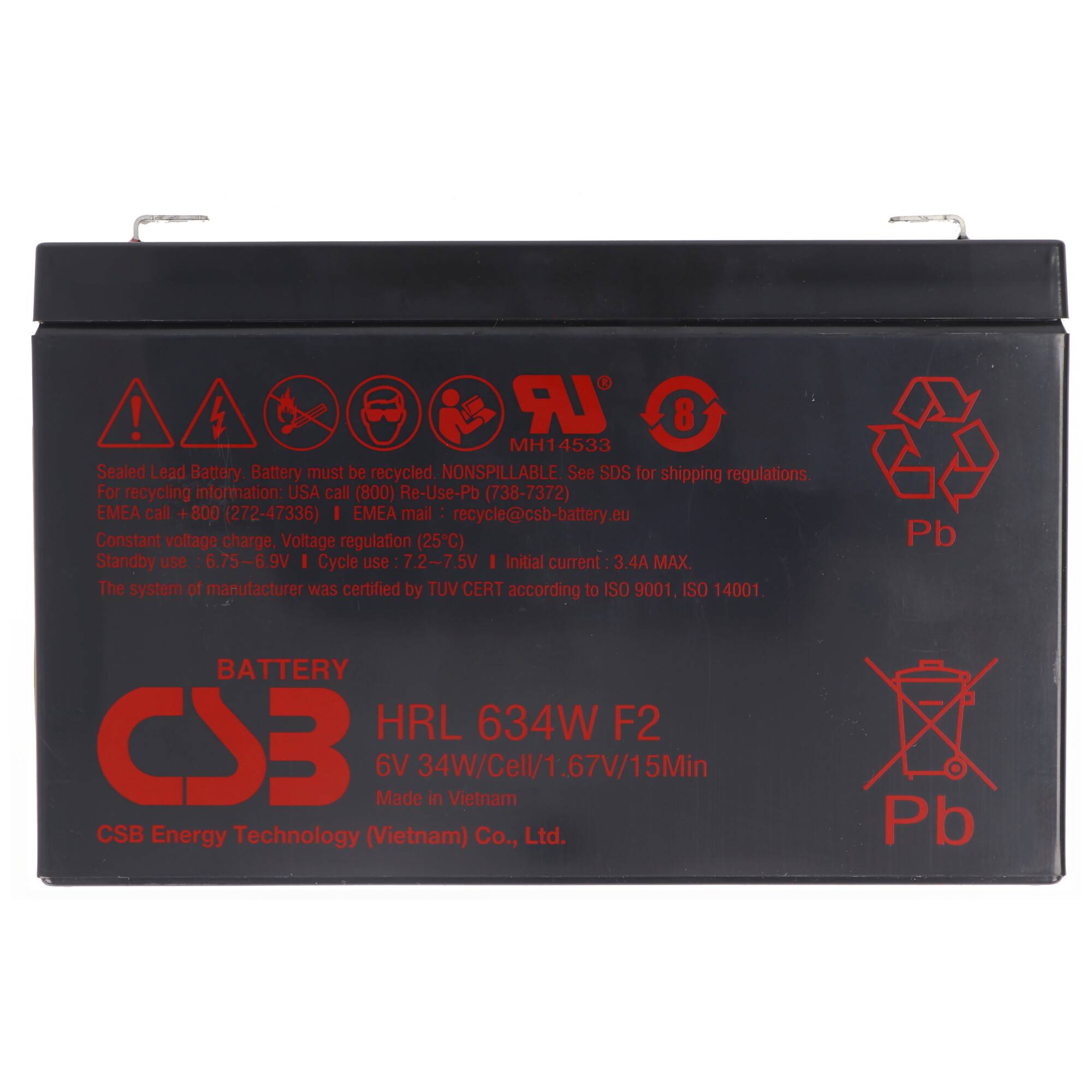 Schwarze CSB-Akkuladebatterie mit roten Etiketten und Recycling-/Pb-Symbolen, dargestellt als rechteckiger versiegelter Bleiakkumulator.