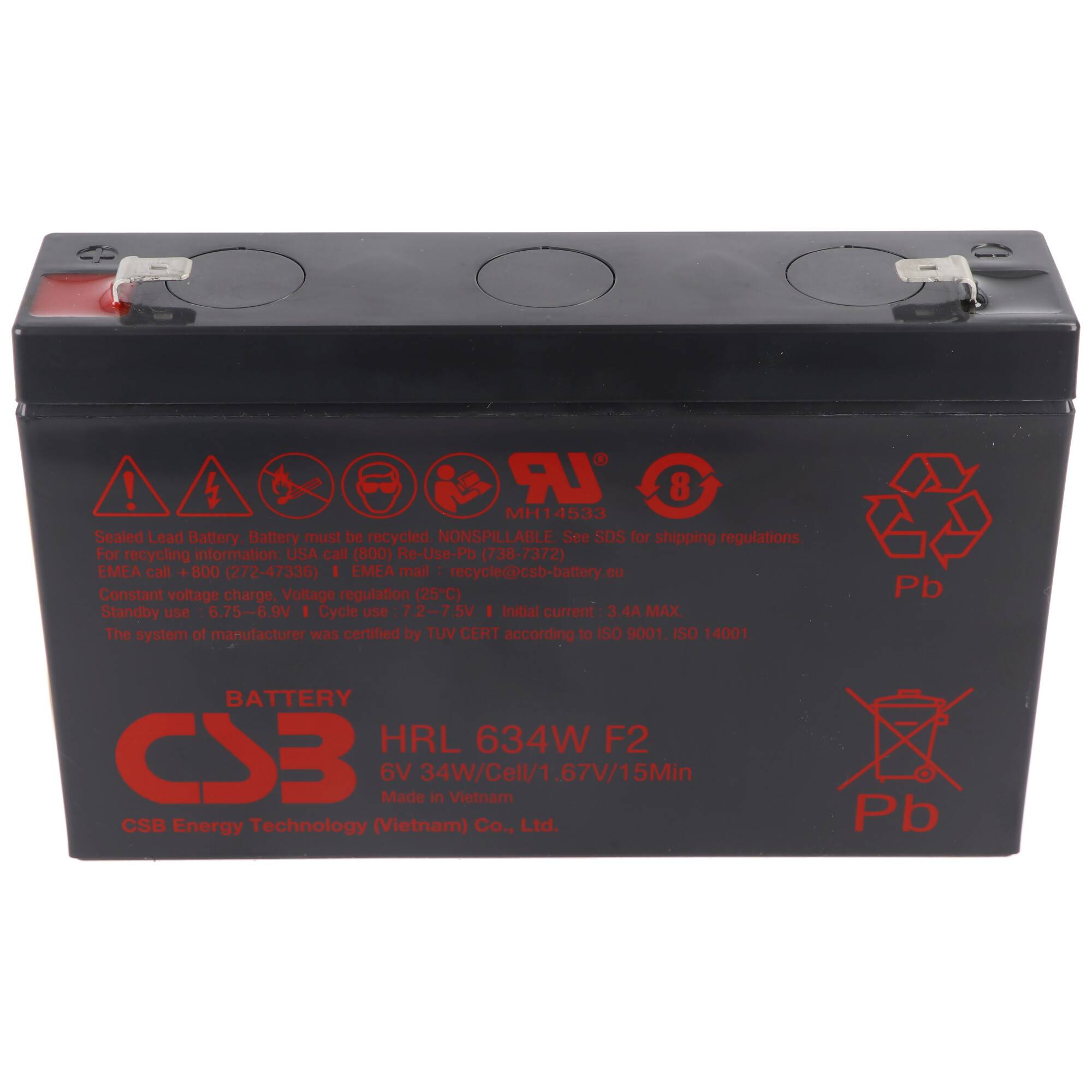 Schwarze wiederaufladbare Batterie mit roten Warnzeichen und Anschlüssen auf der Oberseite, vor weißem Hintergrund dargestellt.