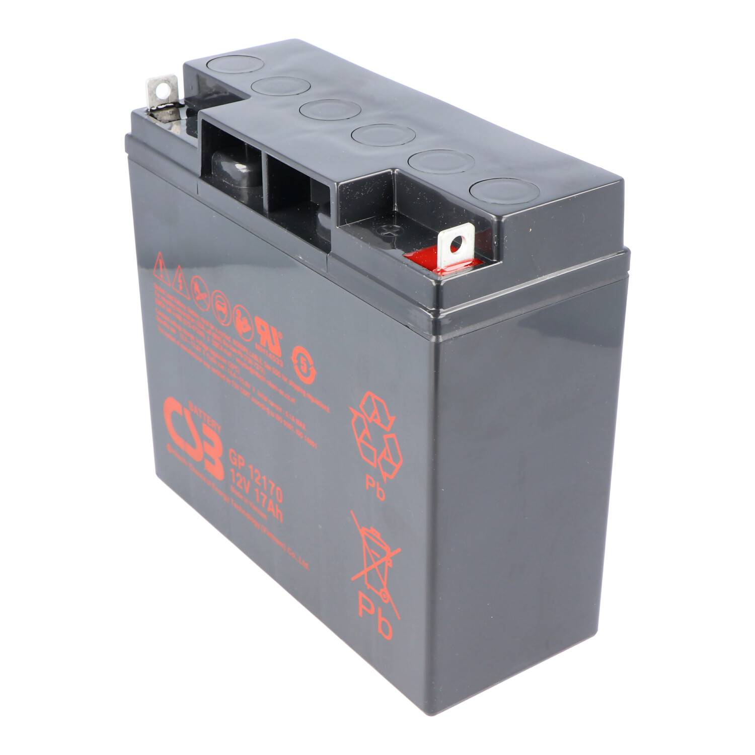 Schwarze rechteckige wiederaufladbare Batterie mit roten gedruckten Etiketten und Metallklemmen oben, auf weißem Hintergrund dargestellt.