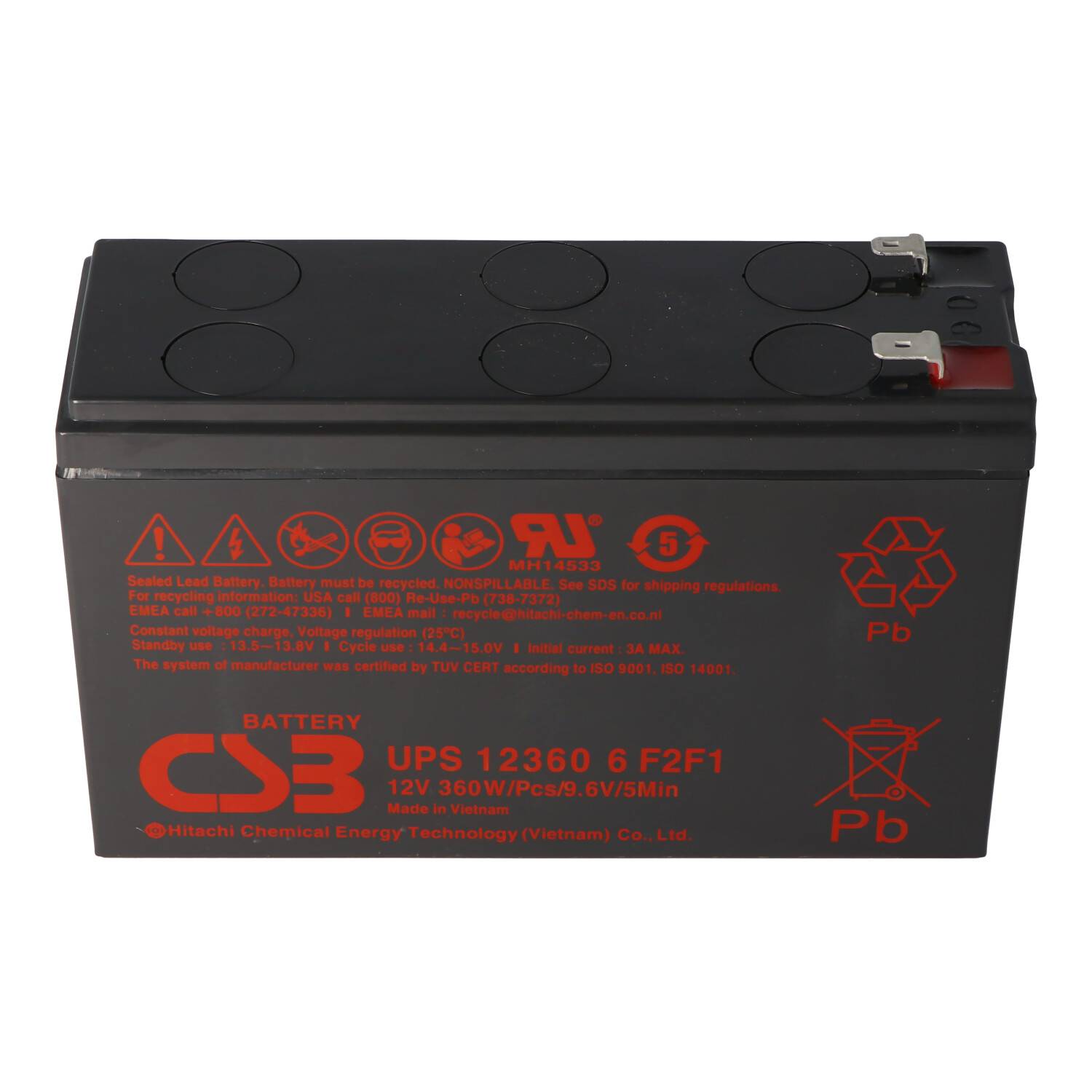 Schwarze versiegelte Blei-Säure-Batterie mit roten Warnetiketten und Anschlüssen oben, gekennzeichnet mit „CSB UPS12360 12V 36W