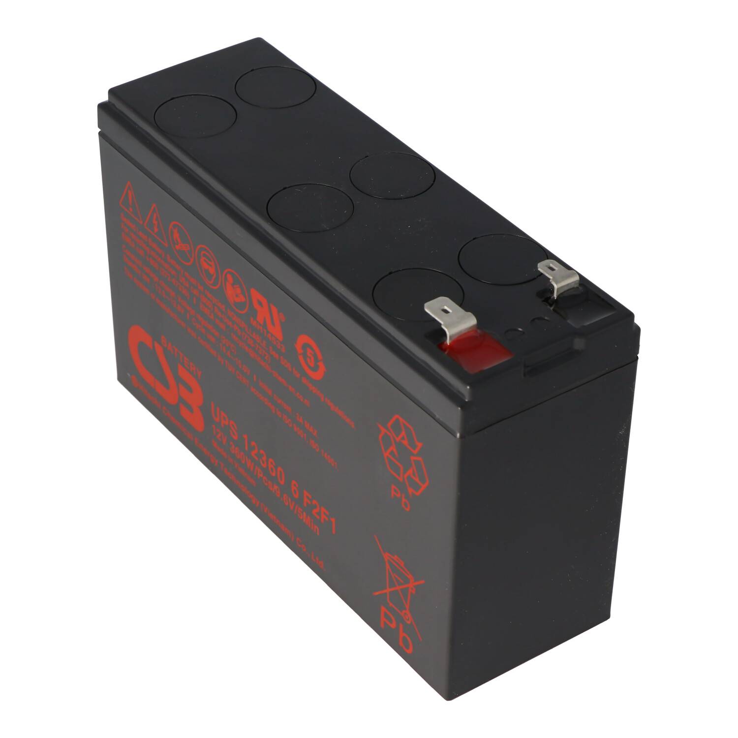 Schwarze rechteckige versiegelte Blei-Säure-Batterie mit roten Etiketten und Metallklemmen oben, auf weißem Hintergrund gezeigt.
