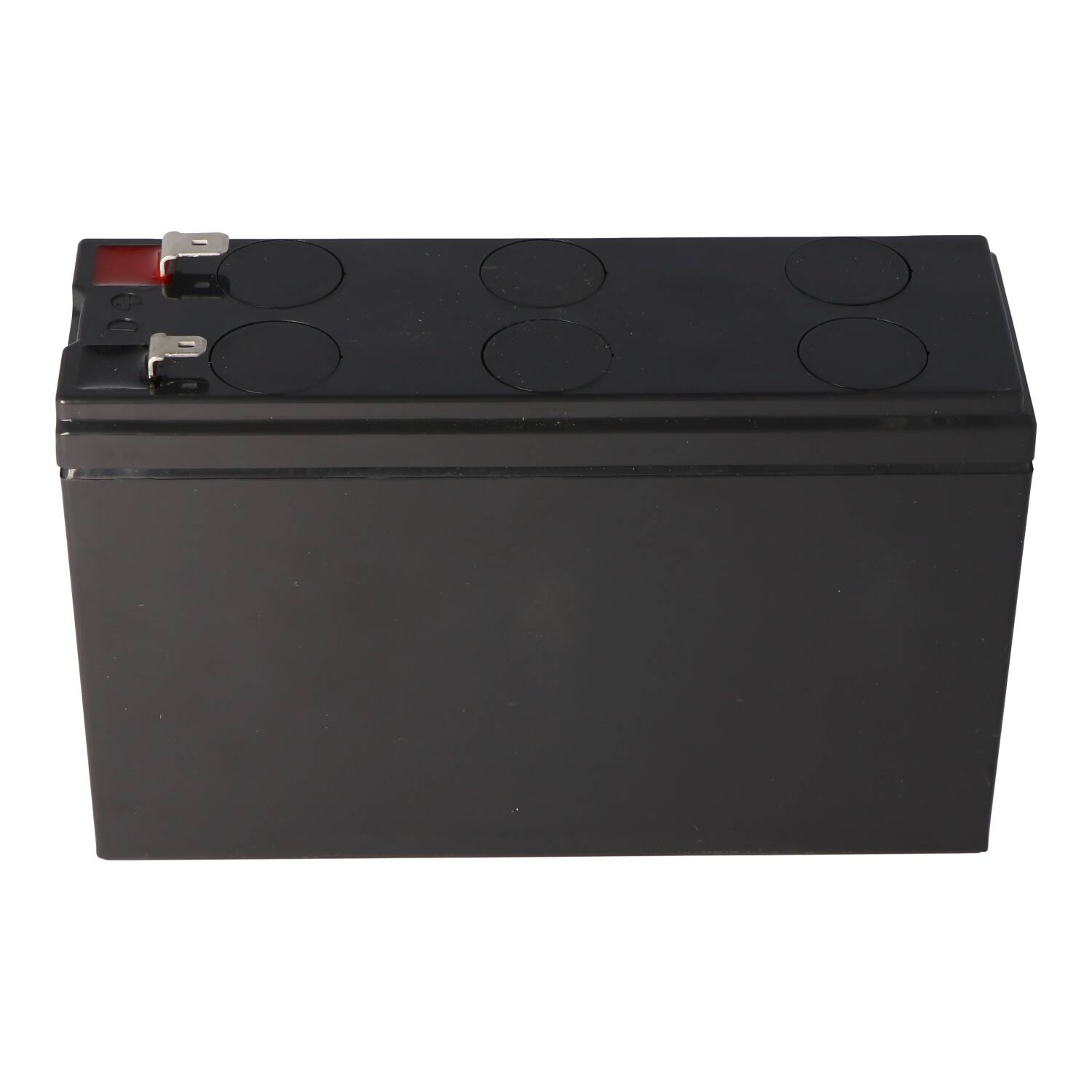 Schwarze rechteckige versiegelte Batterie mit zwei Metallklemmen oben, vor weißem Hintergrund dargestellt.