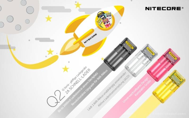 Nitecore Q2 - Schnelladegerät für Li-Ion Akkus, 2 Schachtlader - 4 Farben zur Auswahl gelb