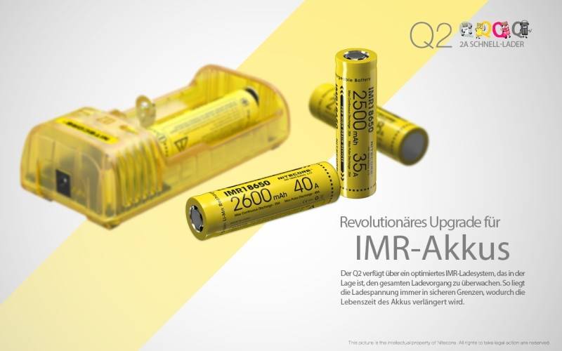 Nitecore Q2 - Schnelladegerät für Li-Ion Akkus, 2 Schachtlader - 4 Farben zur Auswahl gelb