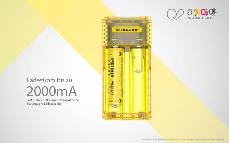 Nitecore Q2 - Schnelladegerät für Li-Ion Akkus, 2 Schachtlader - 4 Farben zur Auswahl gelb