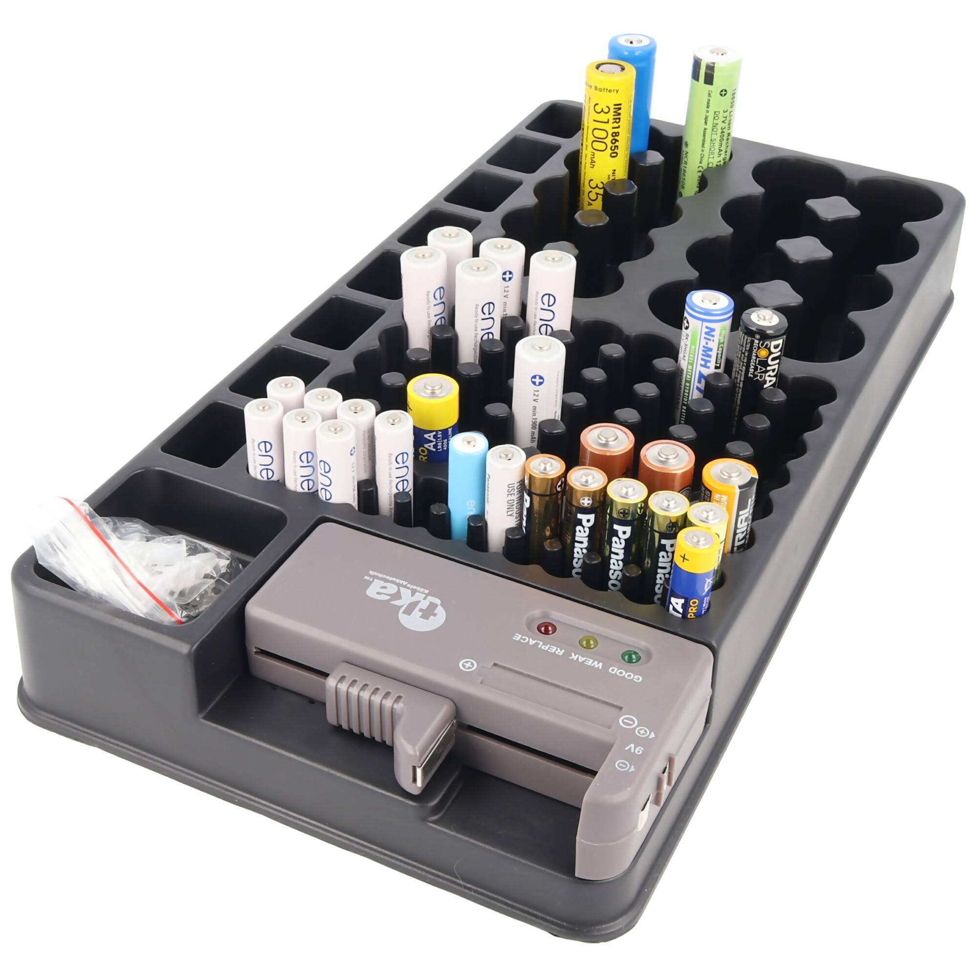 2in1-Batterie-Organizer, Universal Akkubox für 1-110 Akku oder Batterien z.B. Mignon AA LR6, Micro AAA LR03, C, D, 9V