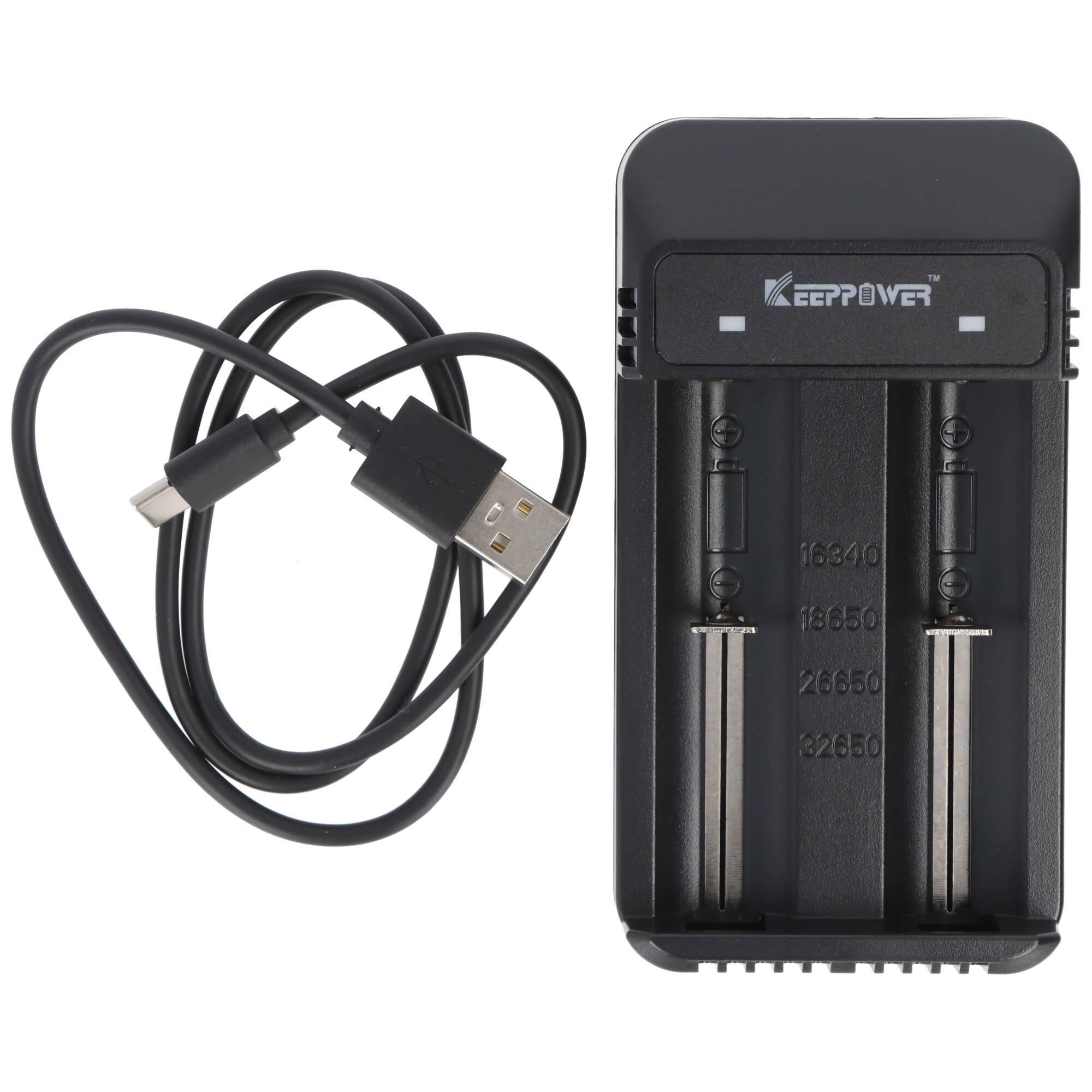 USB-Ladekabel und Dual-Slot-KEEPPOWER-Batterieladegerät für zylindrische wiederaufladbare Batterien