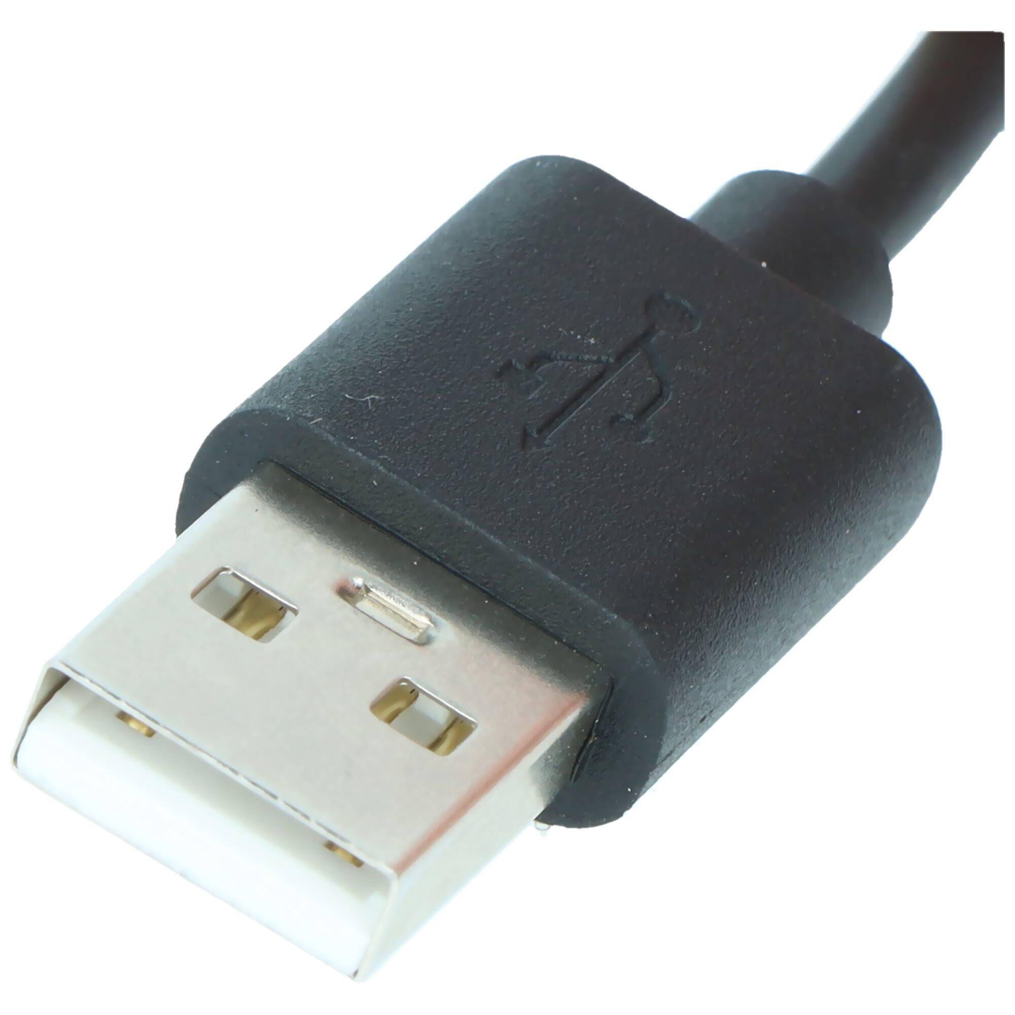 Nahaufnahme eines USB-Typ-A-Steckers mit schwarzem Kabel auf weißem Hintergrund.