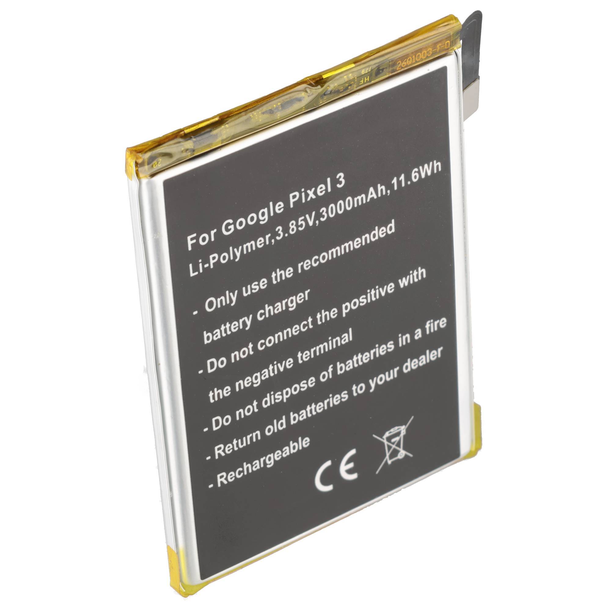 Mit Label versehener Lithium-Polymer-Handyakku für Google Pixel 3, 3,85V 3000mAh 11,6Wh, mit Sicherheitsanweisungen und CE-Zeichen.