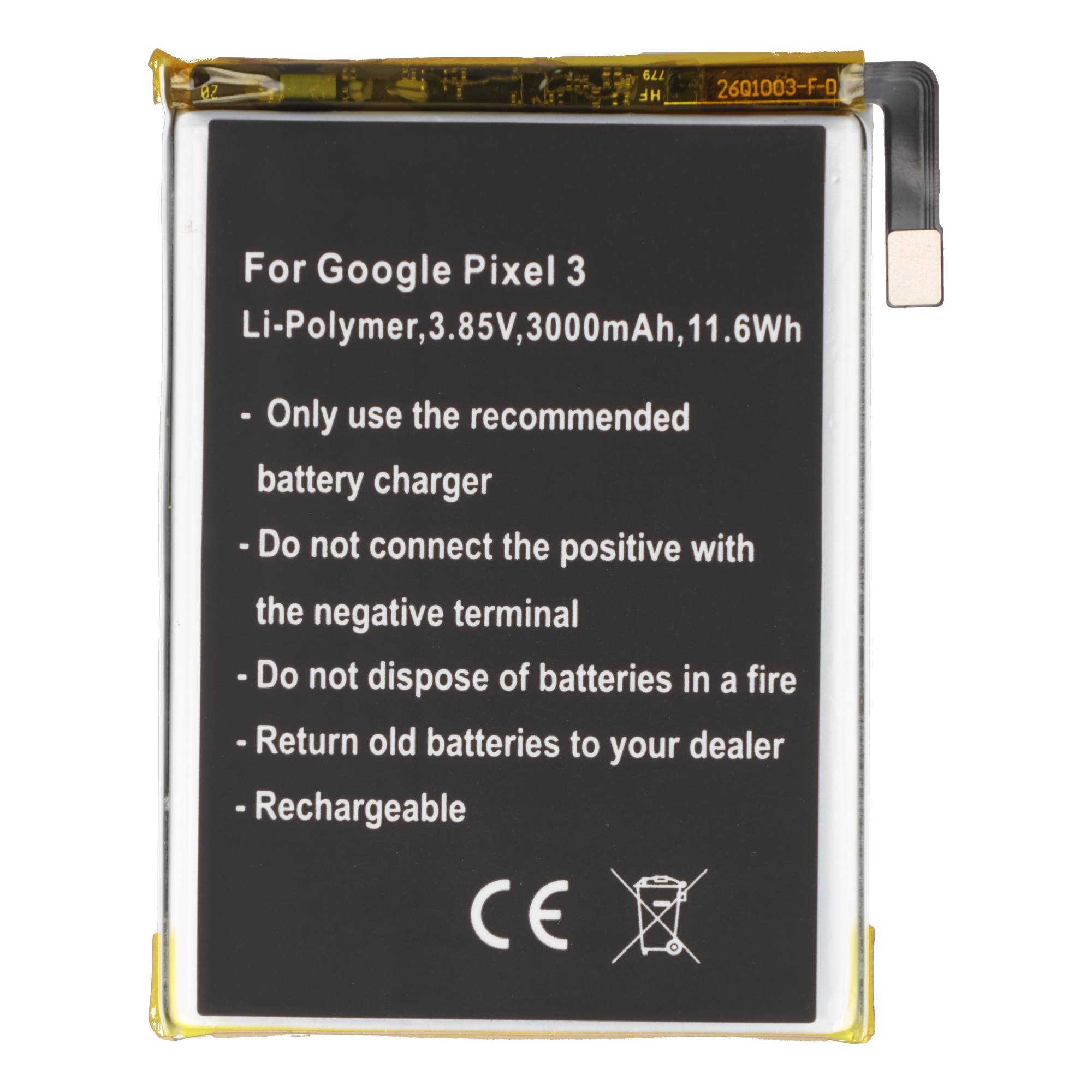 Google Pixel 3 Ersatz-Akku mit Wiederaufladungsfunktion mit der Bezeichnung 3,85V, 3000mAh, 11,6Wh mit Sicherheitswarnungen.