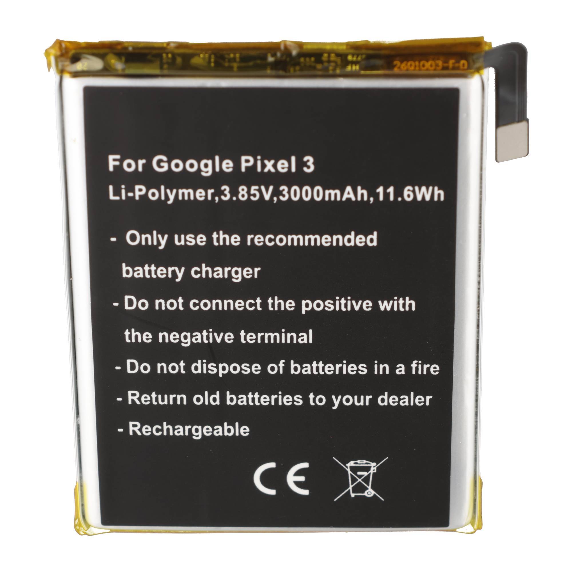 Li-Polymer-Akku für Google Pixel 3, gekennzeichnet mit 3,85V, 3000mAh, 11,6Wh, mit Sicherheitswarnungen und wiederaufladbaren Symbolen.
