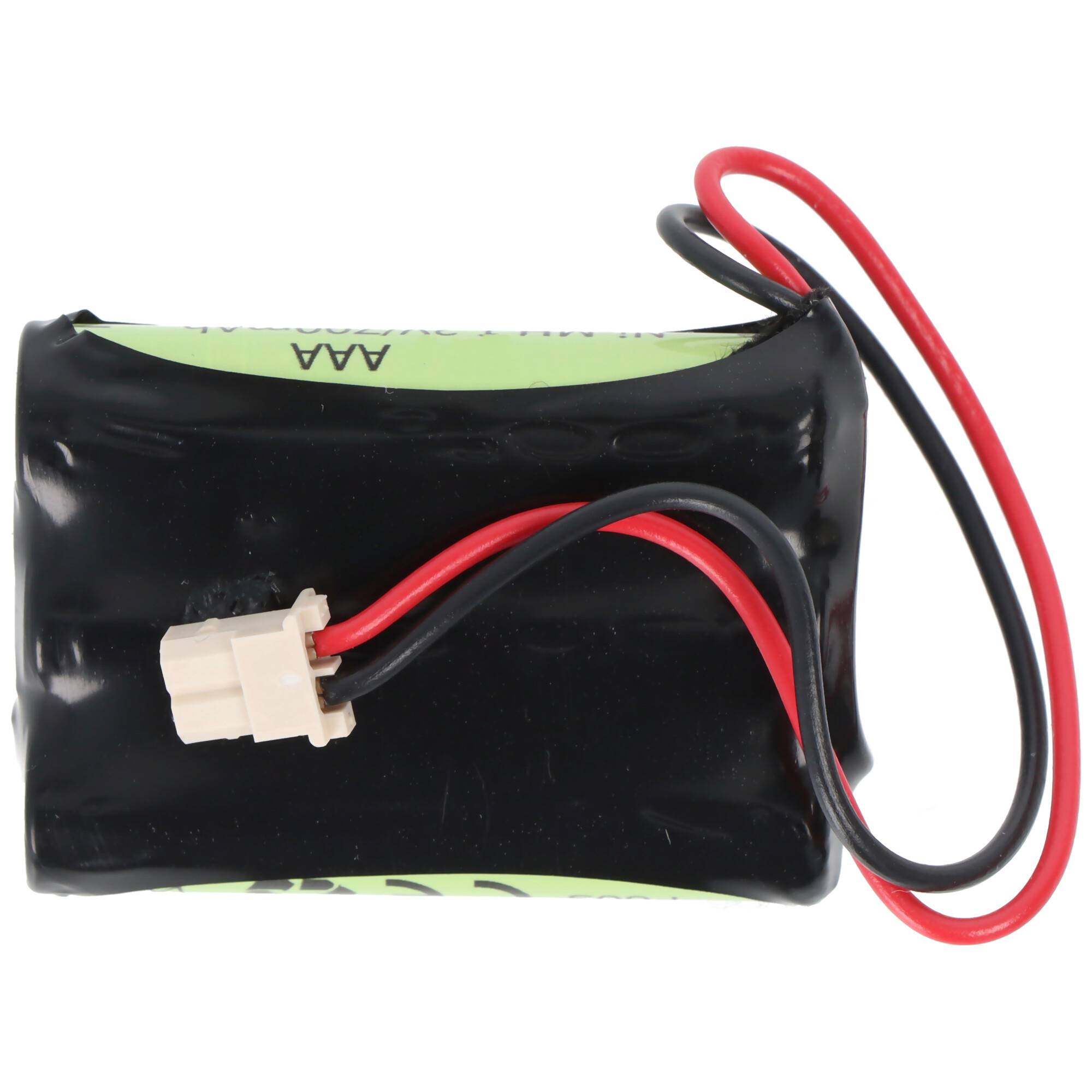 Schwarzes Batteriepaket mit roten und schwarzen Kabeln und weißem Stecker auf einfachem weißem Hintergrund.