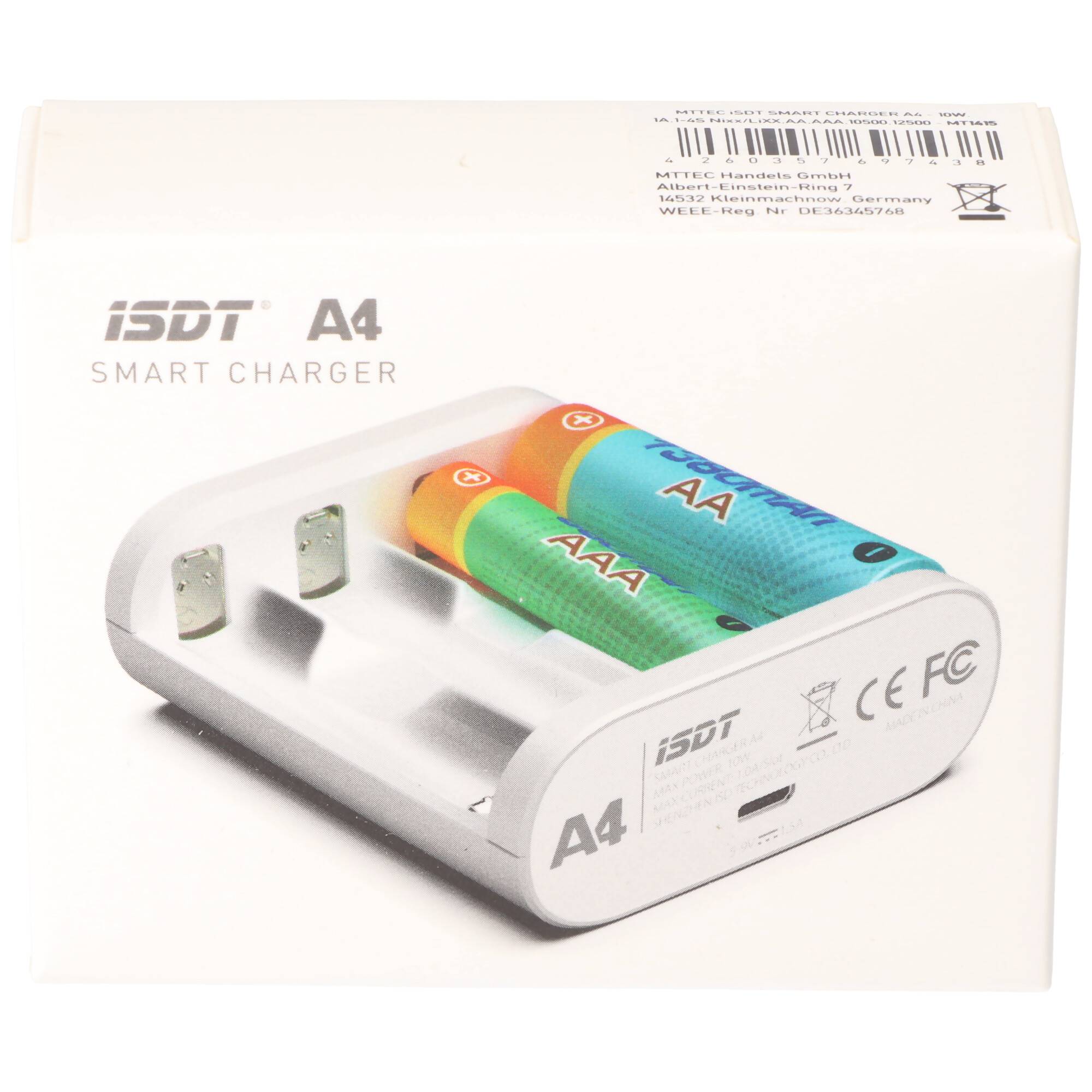 USB Schnell-Ladegerät Smart Charger A4, leicht zu bedienen, geeignet für AA Micro, AAA Mignon, 12500, LR03, LR06