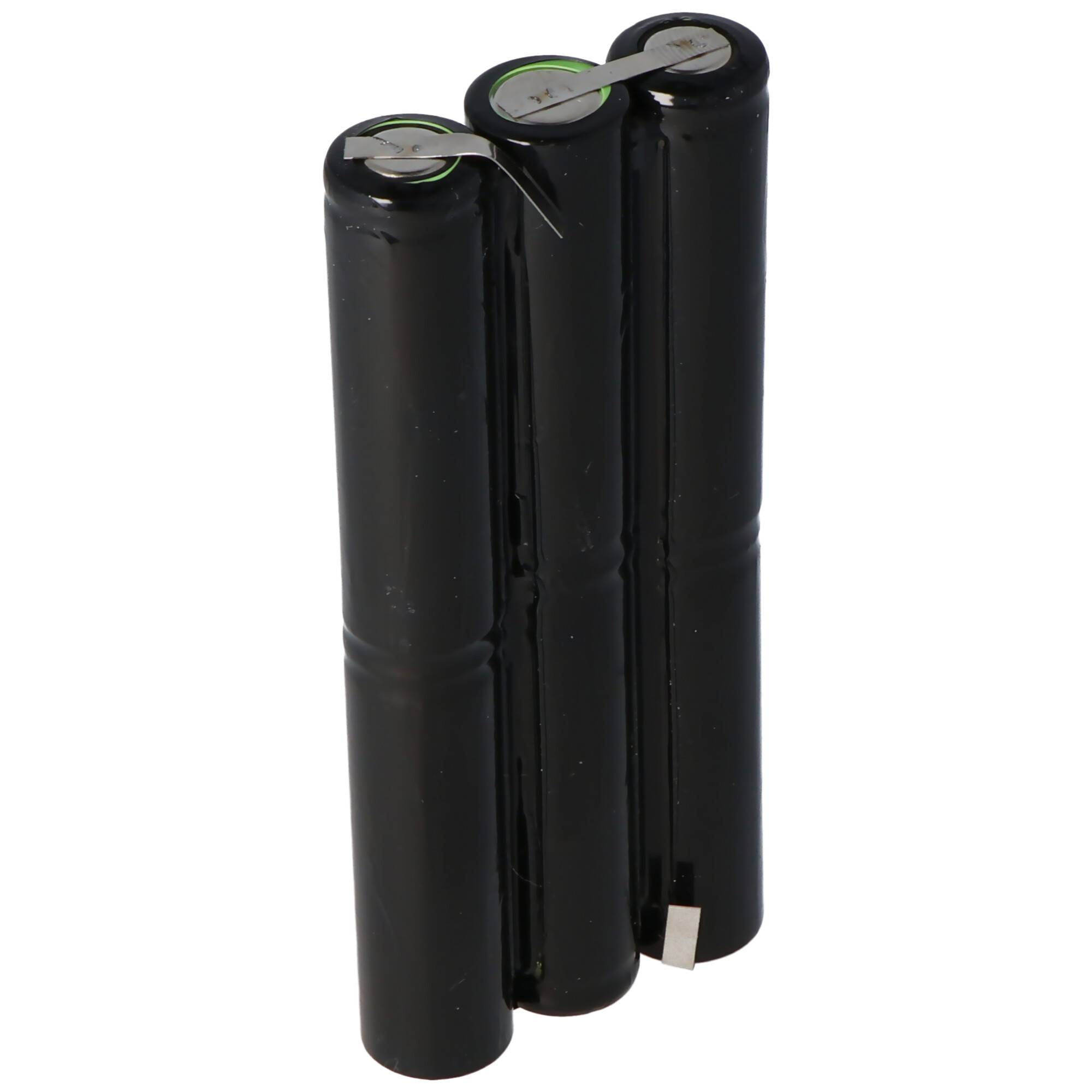 Drei schwarze zylindrische wiederaufladbare Batterien in einem kompakten Pack mit Metallregistern verbunden