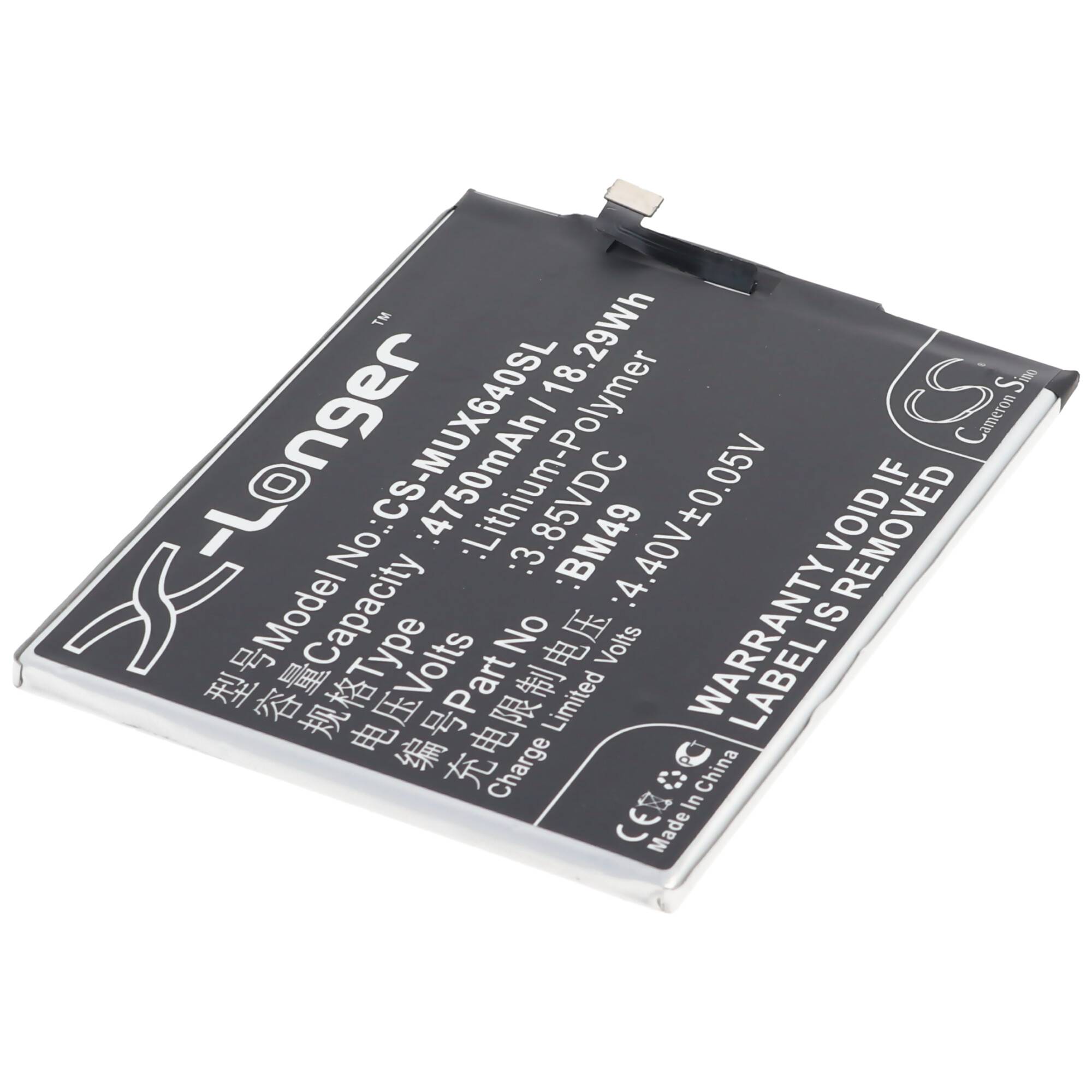 Akku passend für Xiaomi Mi max. Dual SIM, Li-Polymer, 3,85V, 4750mAh, 18,3Wh, built-in, ohne Werkzeug