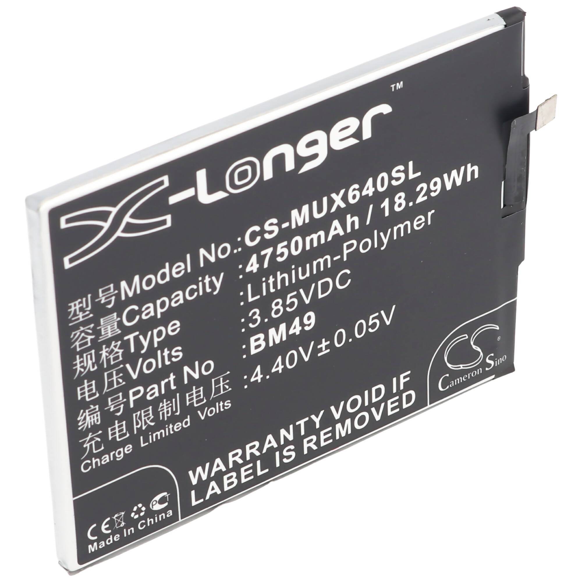 Akku passend für Xiaomi Mi max. Dual SIM, Li-Polymer, 3,85V, 4750mAh, 18,3Wh, built-in, ohne Werkzeug