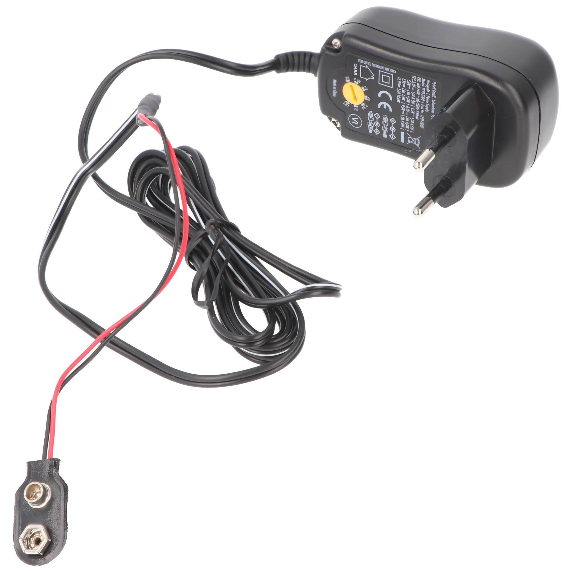 Universalnetzteil mit 9 Volt Batterieanschluss, perfekt um klassische 9 Volt Batterien oder Akkus zu ersetzen, max. 1000