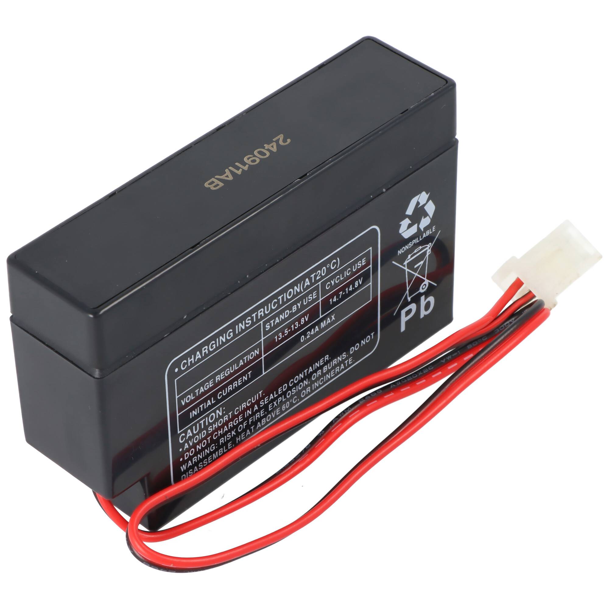 Schwarzes wiederaufladbares Blei-Säure-Batteriepaket mit roten und schwarzen Drähten und weißem Anschluss, gezeigt vor weißem Hintergrund.