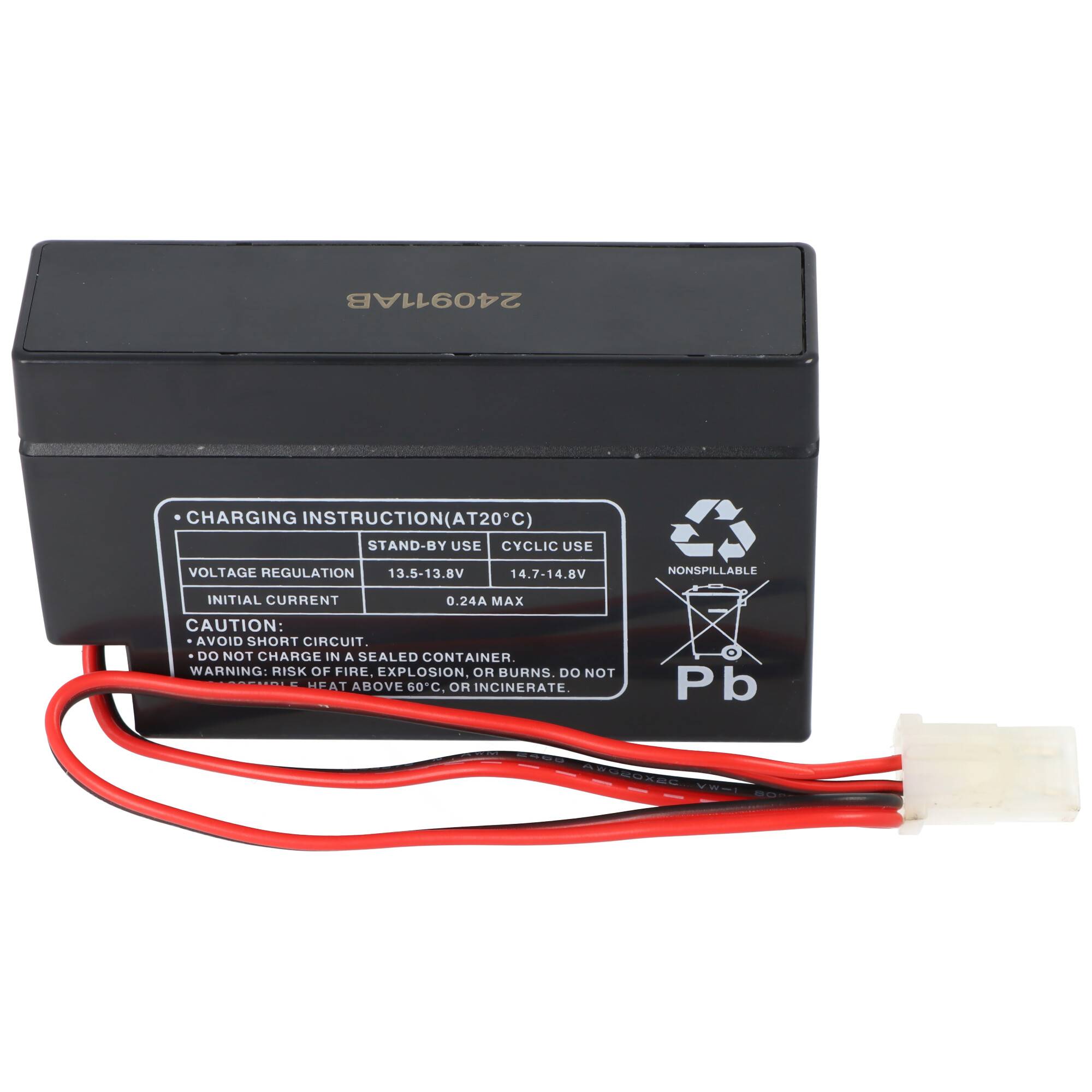 Schwarzer wiederaufladbarer Akku mit roten und schwarzen Anschlussdrähten und weißem Stecker, gekennzeichnet mit Ladeanweisungen und Pb-Recycling-Symbol.