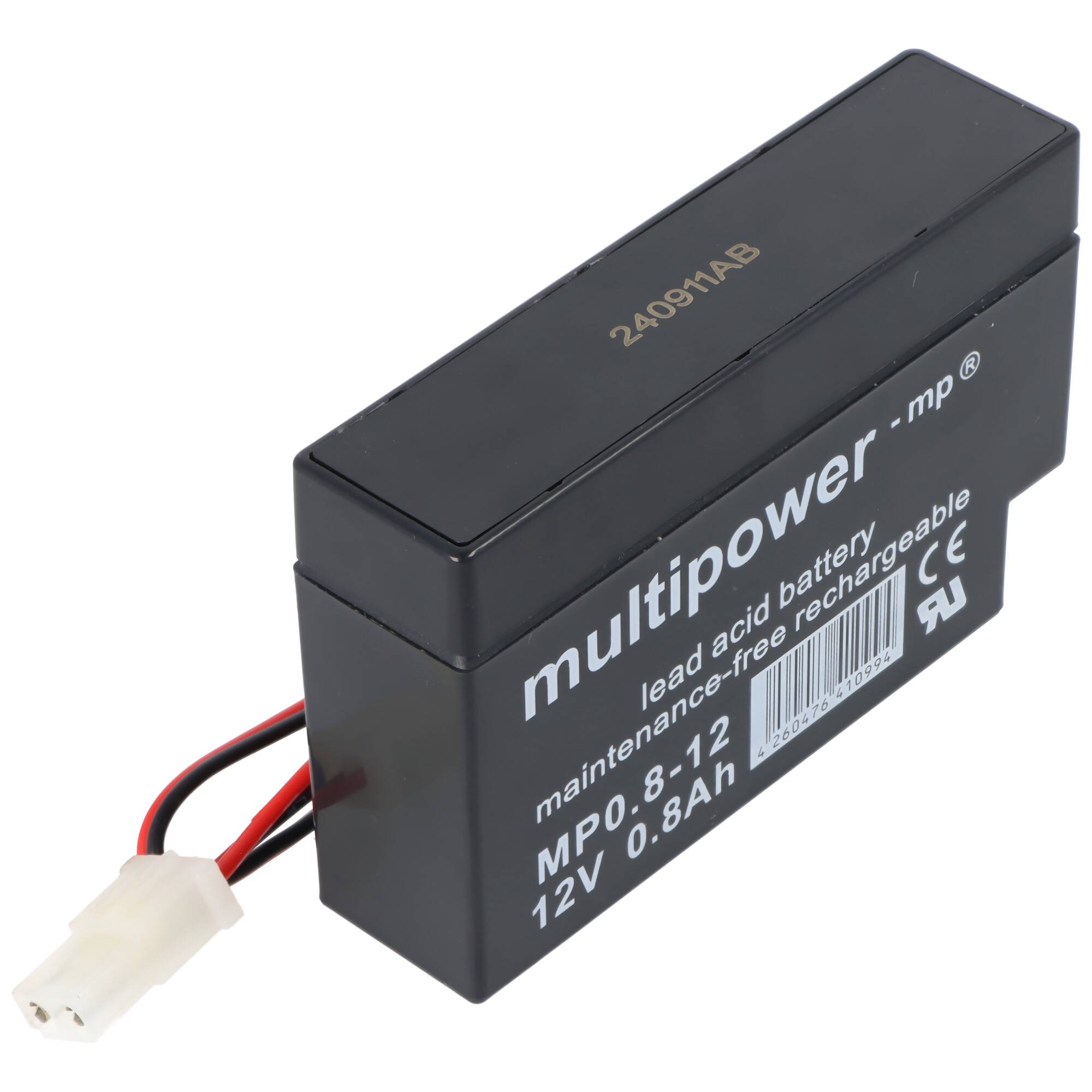 Schwarze wiederaufladbare Blei-Säure-Batterie mit angebrachten Anschlussleitungen, gekennzeichnet mit „multipower