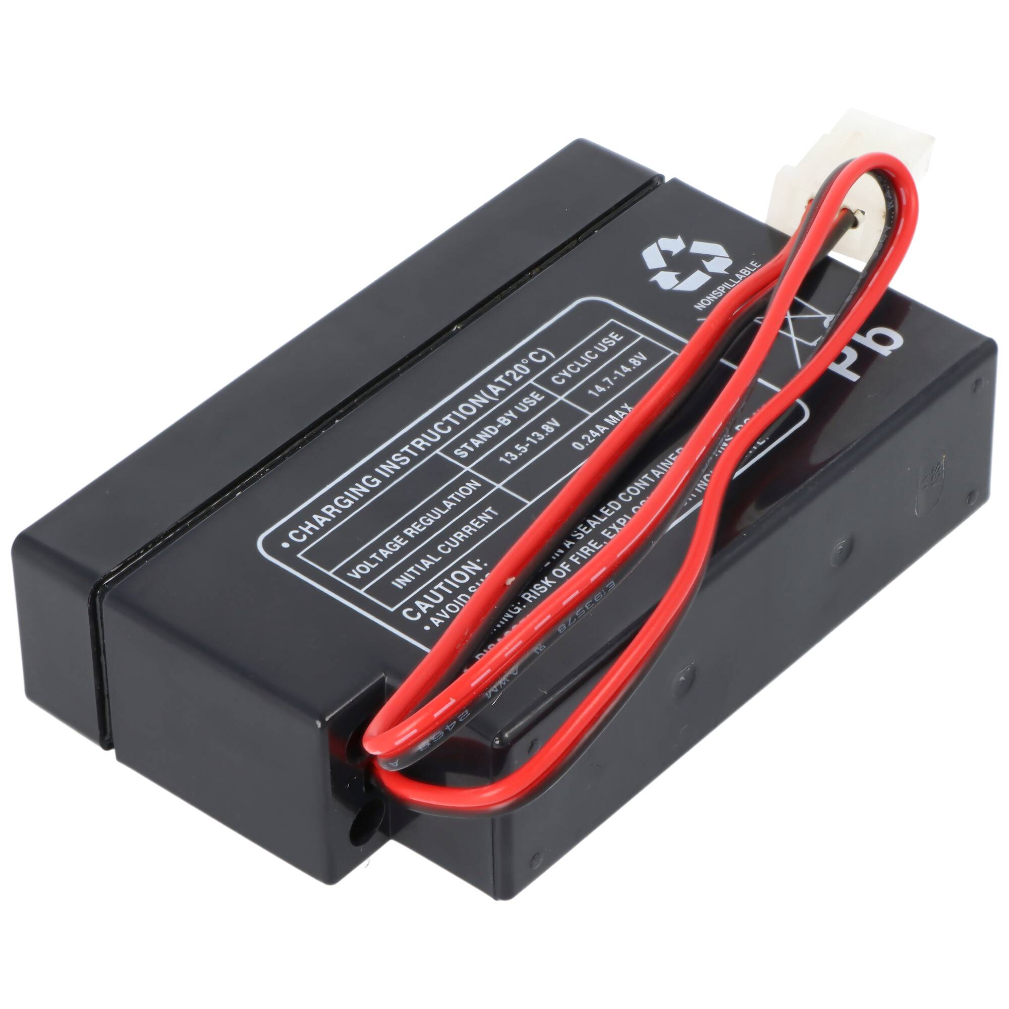 Schwarzes wiederaufladbares Batteriepaket mit roten und schwarzen Leitungen und einem weißen Stecker.